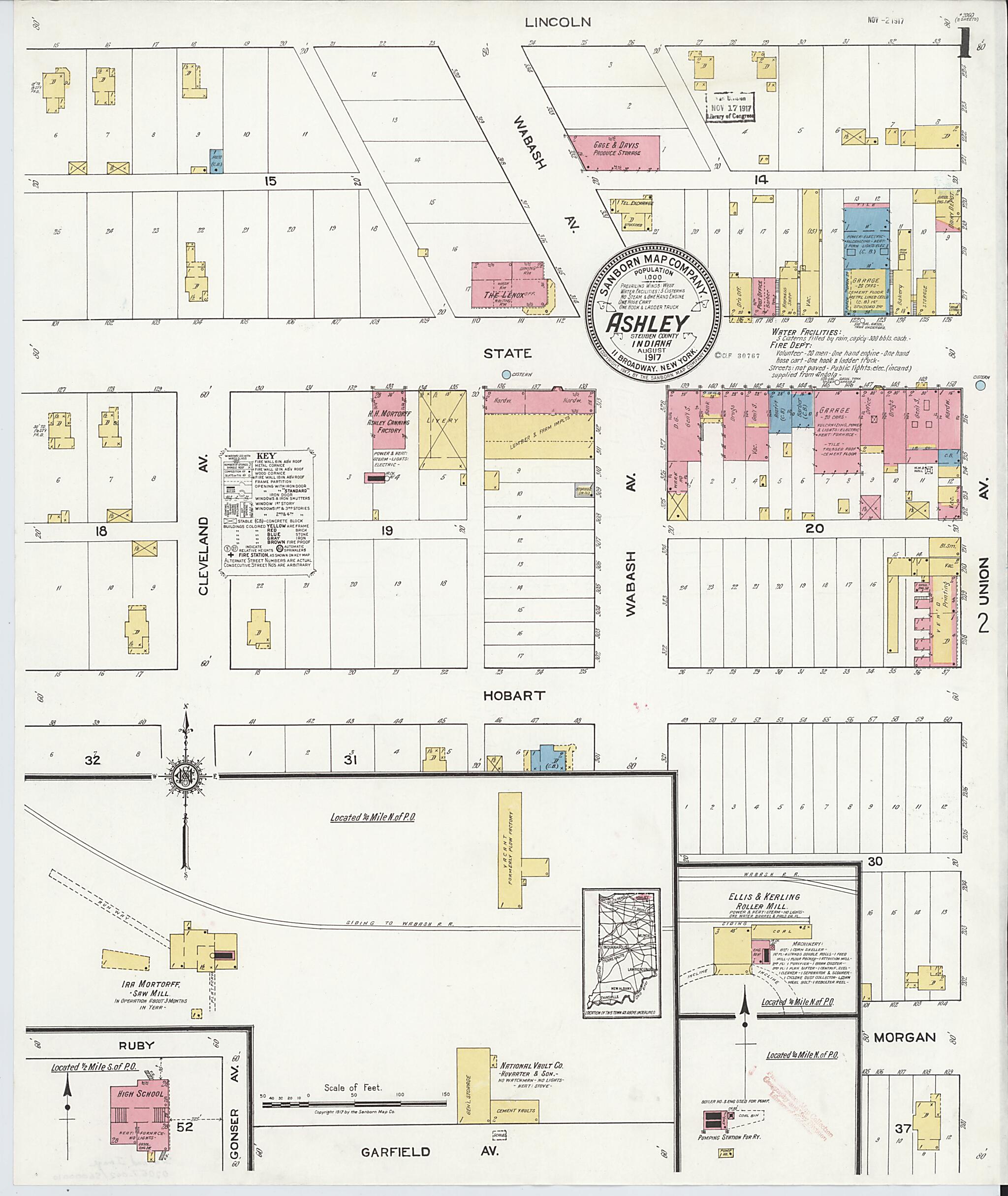 This old map of Ashley, Steuben County, Indiana was created by Sanborn Map Company in 1917