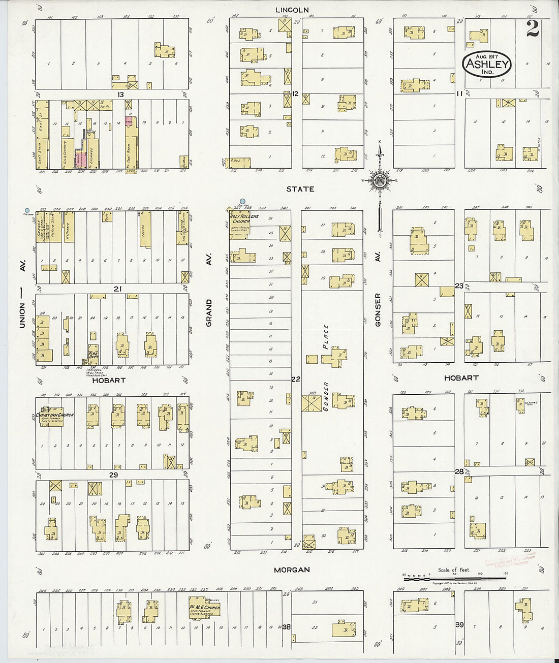 This old map of Ashley, Steuben County, Indiana was created by Sanborn Map Company in 1917