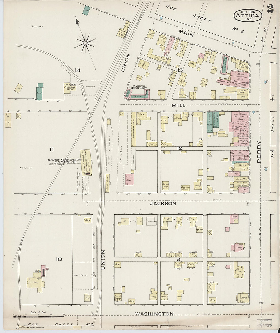 This old map of Attica, Fountain County, Indiana was created by Sanborn Map Company in 1886