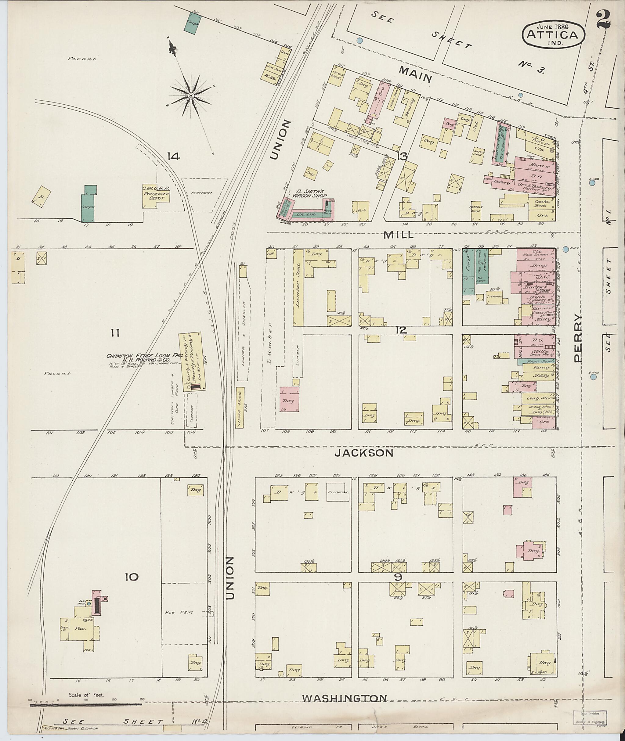 This old map of Attica, Fountain County, Indiana was created by Sanborn Map Company in 1886