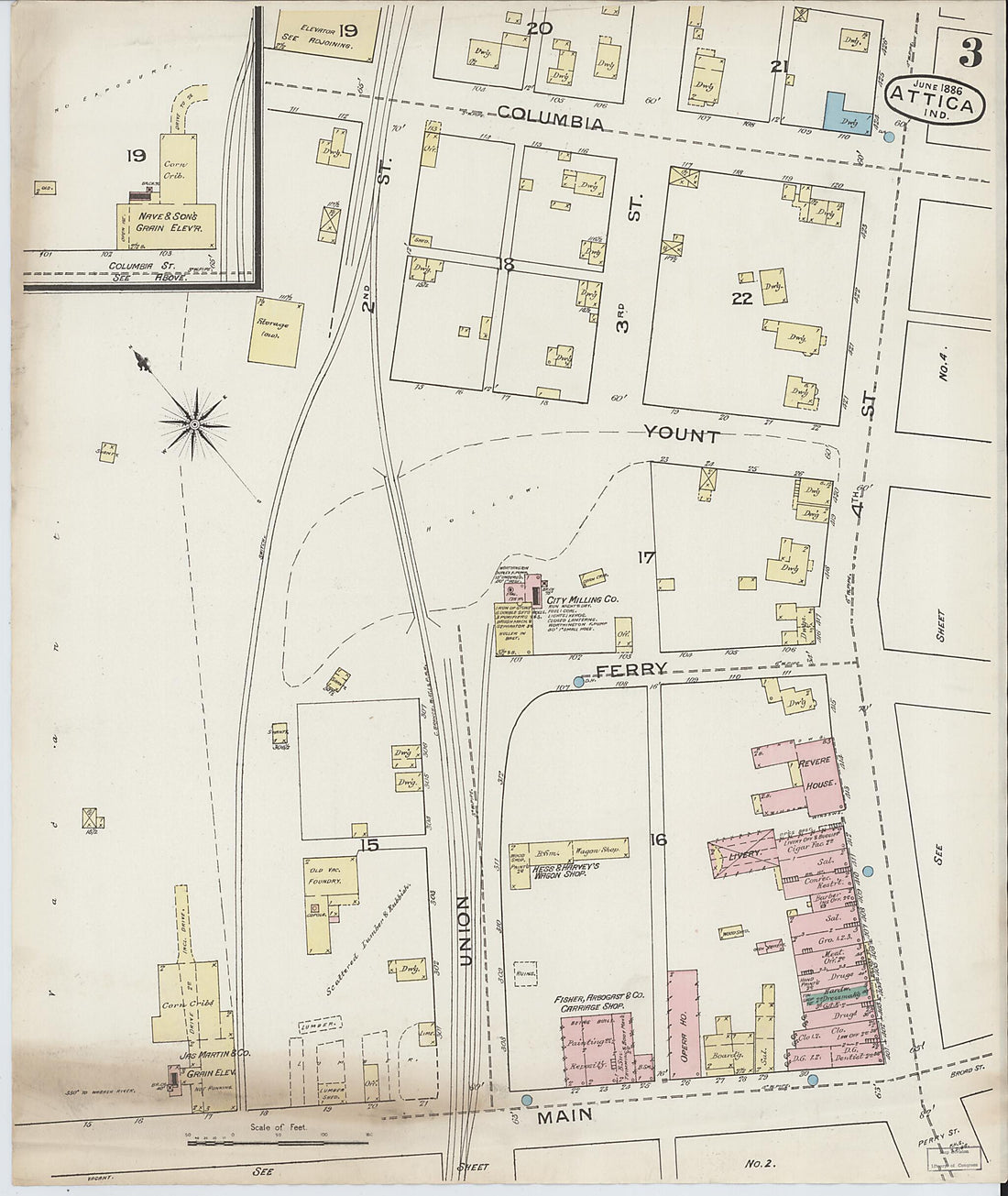 This old map of Attica, Fountain County, Indiana was created by Sanborn Map Company in 1886