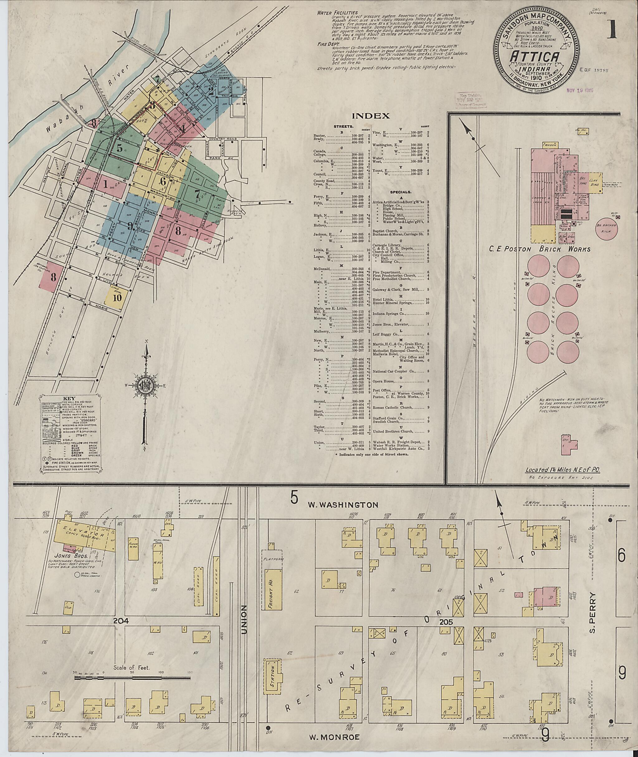 This old map of Attica, Fountain County, Indiana was created by Sanborn Map Company in 1910