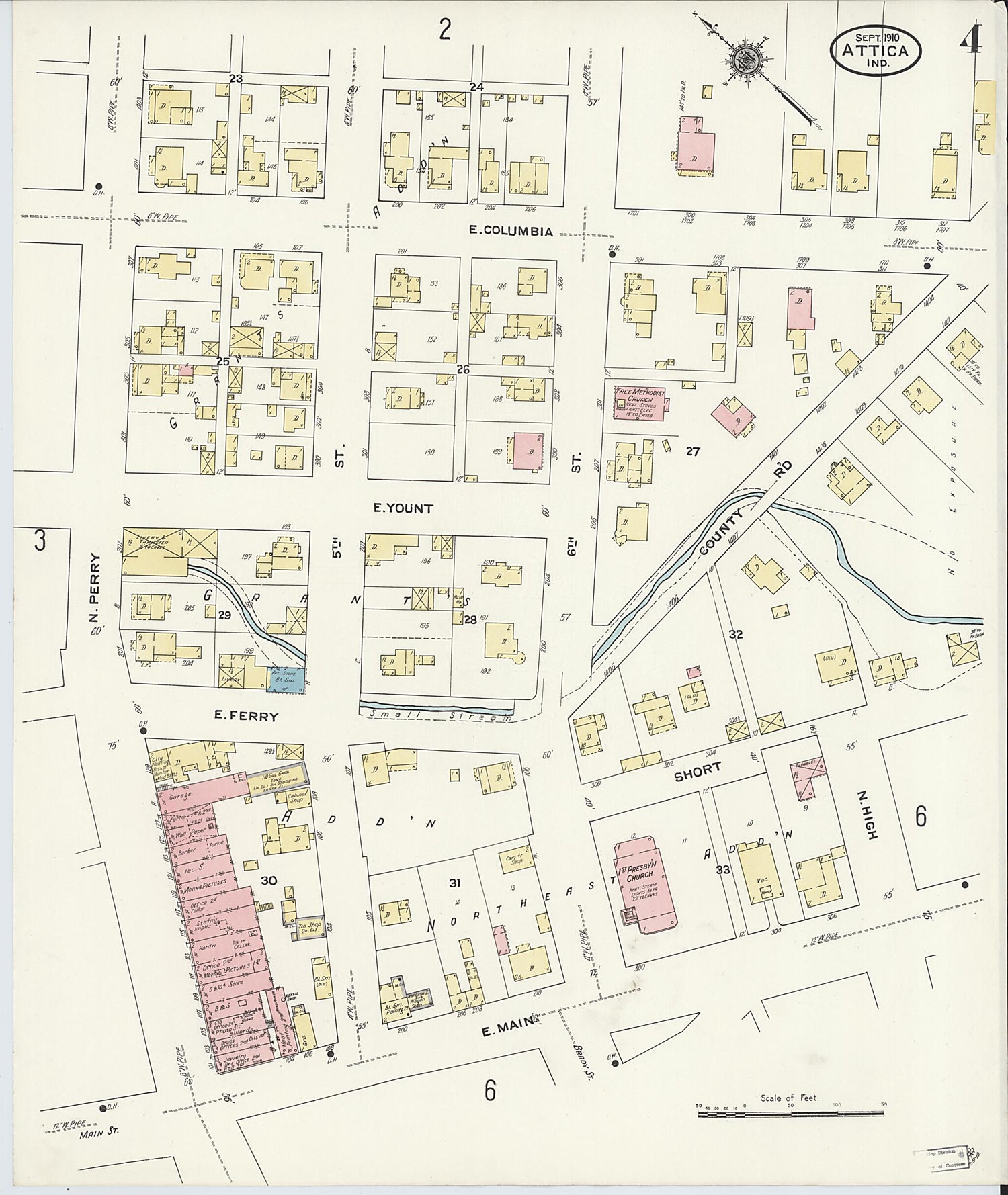 This old map of Attica, Fountain County, Indiana was created by Sanborn Map Company in 1910