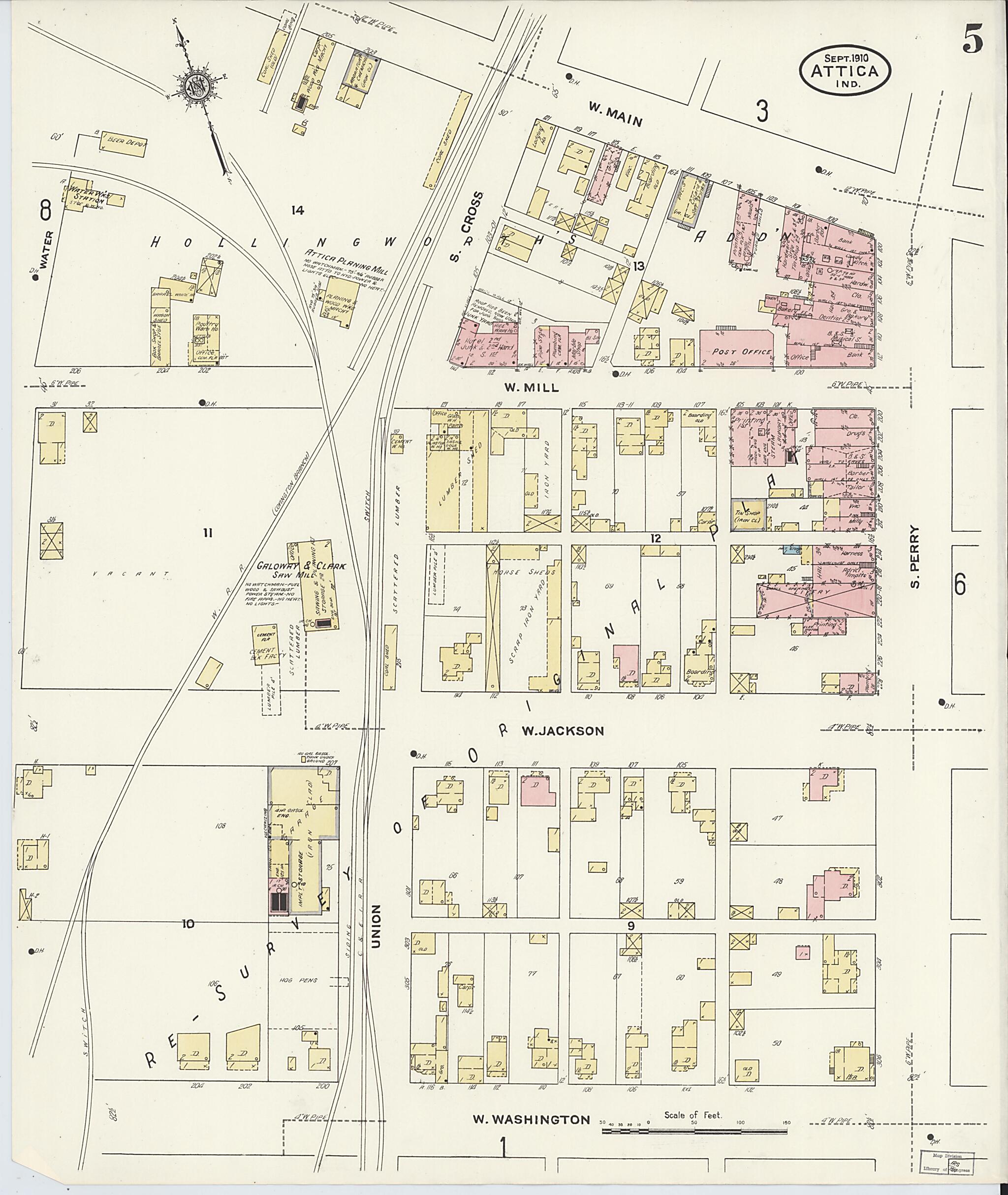 This old map of Attica, Fountain County, Indiana was created by Sanborn Map Company in 1910