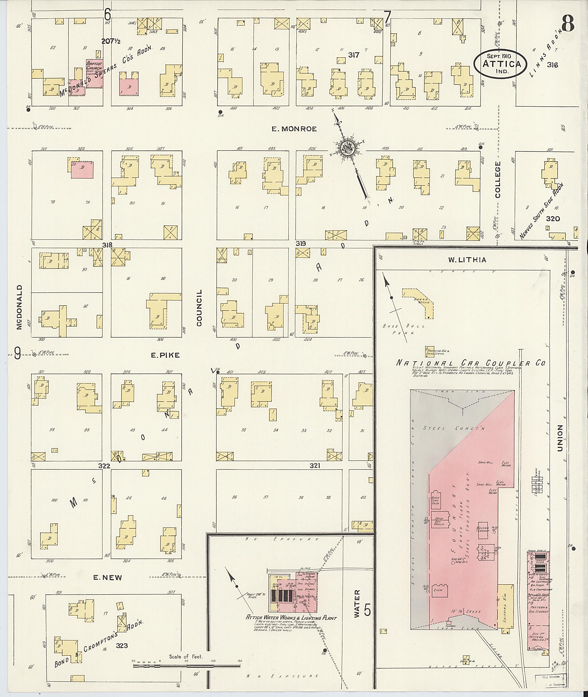 This old map of Attica, Fountain County, Indiana was created by Sanborn Map Company in 1910