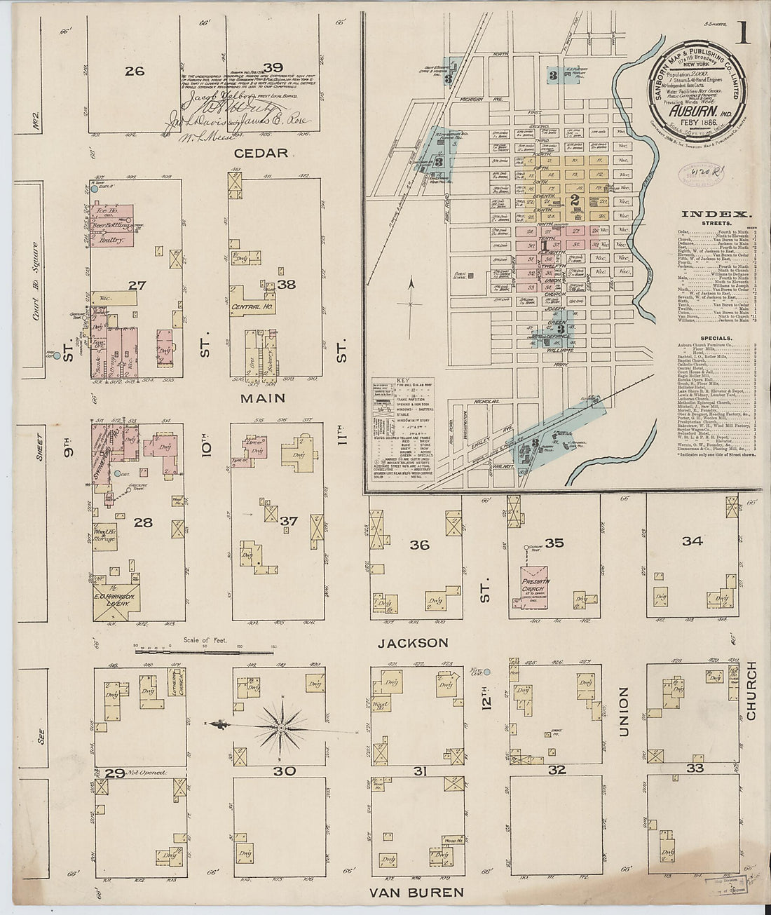 This old map of Auburn, De Kalb County, Indiana was created by Sanborn Map Company in 1886