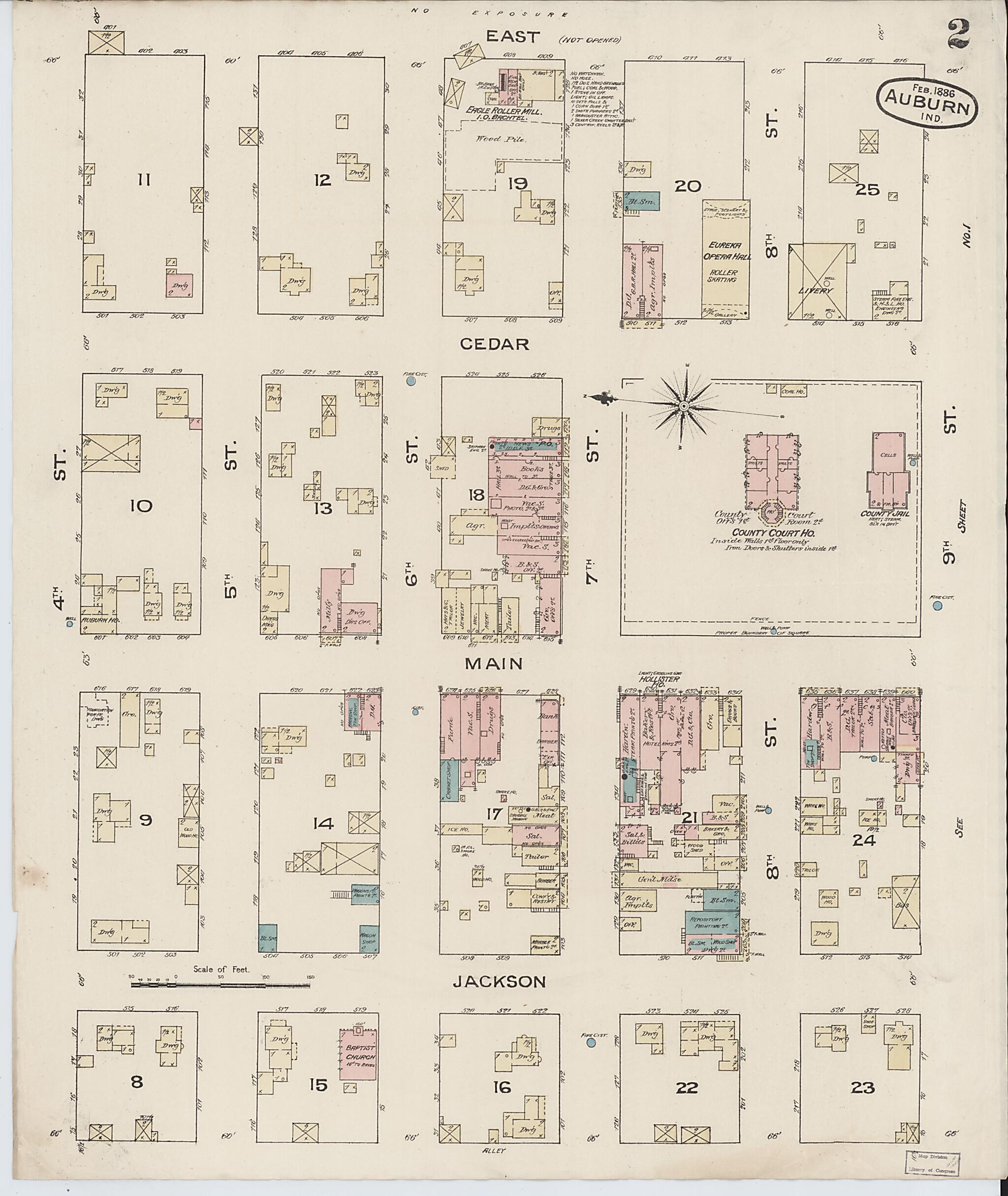 This old map of Auburn, De Kalb County, Indiana was created by Sanborn Map Company in 1886