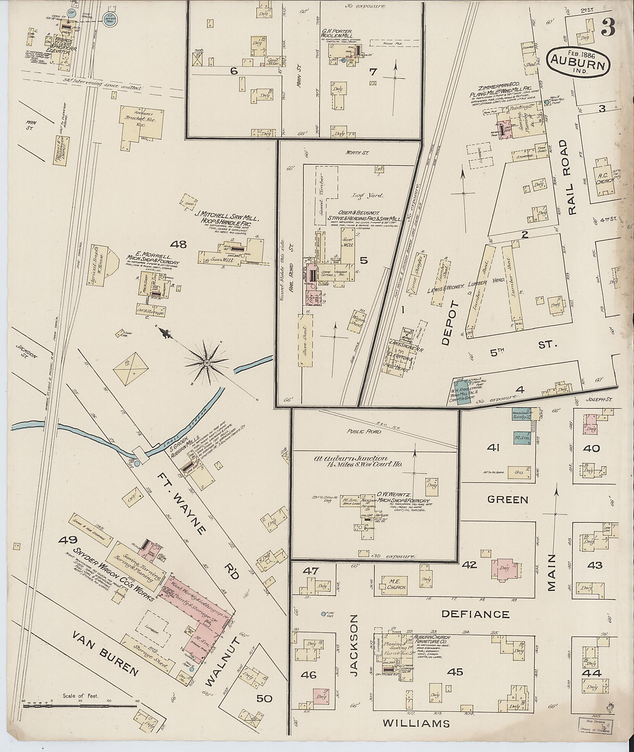 This old map of Auburn, De Kalb County, Indiana was created by Sanborn Map Company in 1886