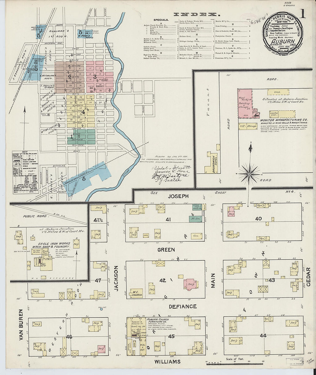 This old map of Auburn, De Kalb County, Indiana was created by Sanborn Map Company in 1891