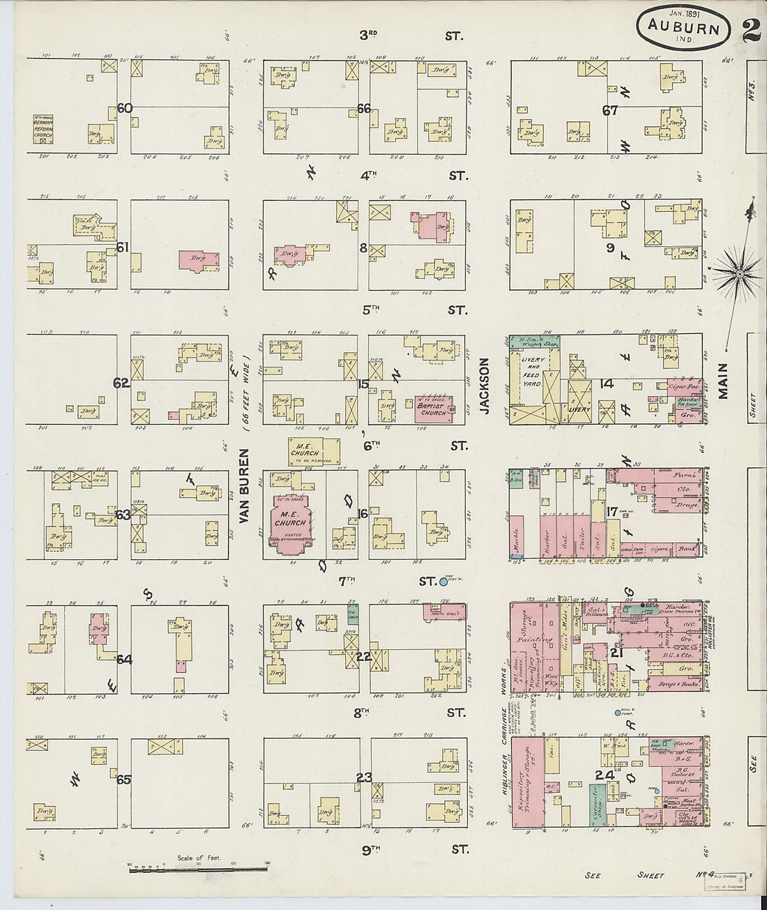 This old map of Auburn, De Kalb County, Indiana was created by Sanborn Map Company in 1891