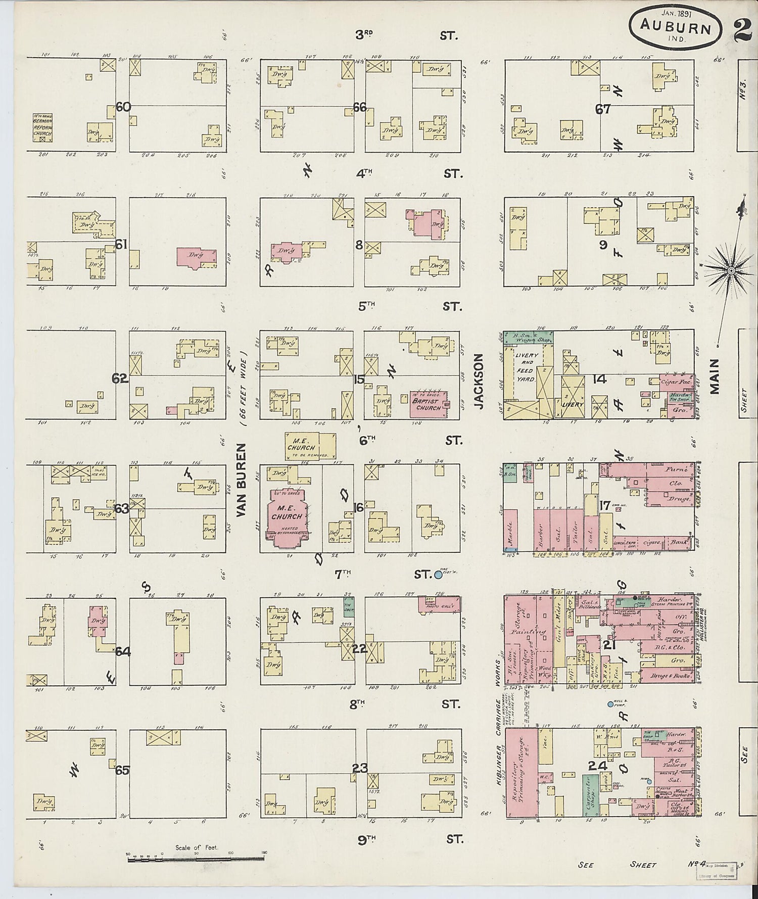 This old map of Auburn, De Kalb County, Indiana was created by Sanborn Map Company in 1891