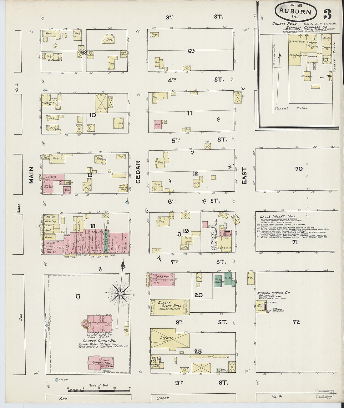 This old map of Auburn, De Kalb County, Indiana was created by Sanborn Map Company in 1891