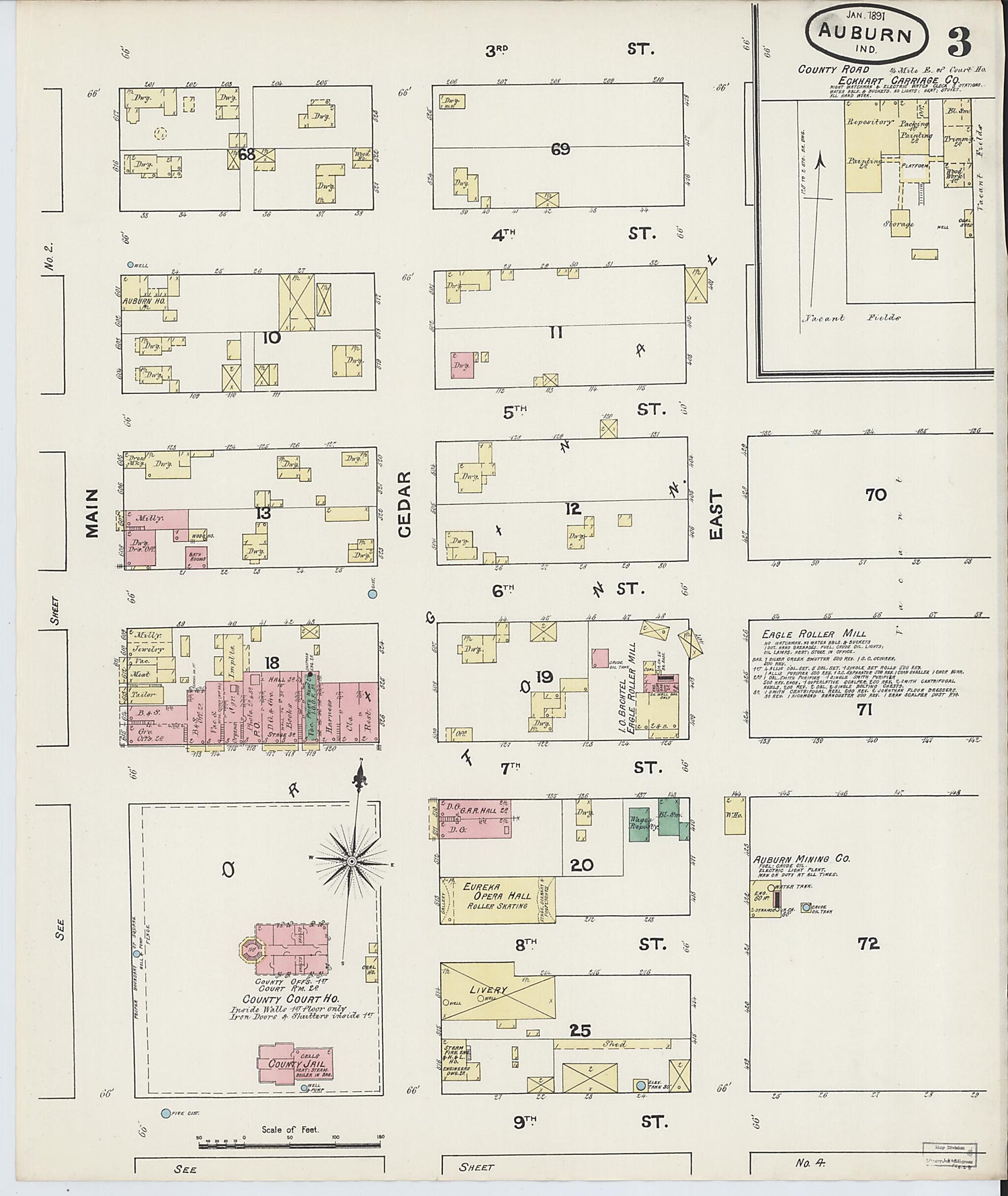 This old map of Auburn, De Kalb County, Indiana was created by Sanborn Map Company in 1891