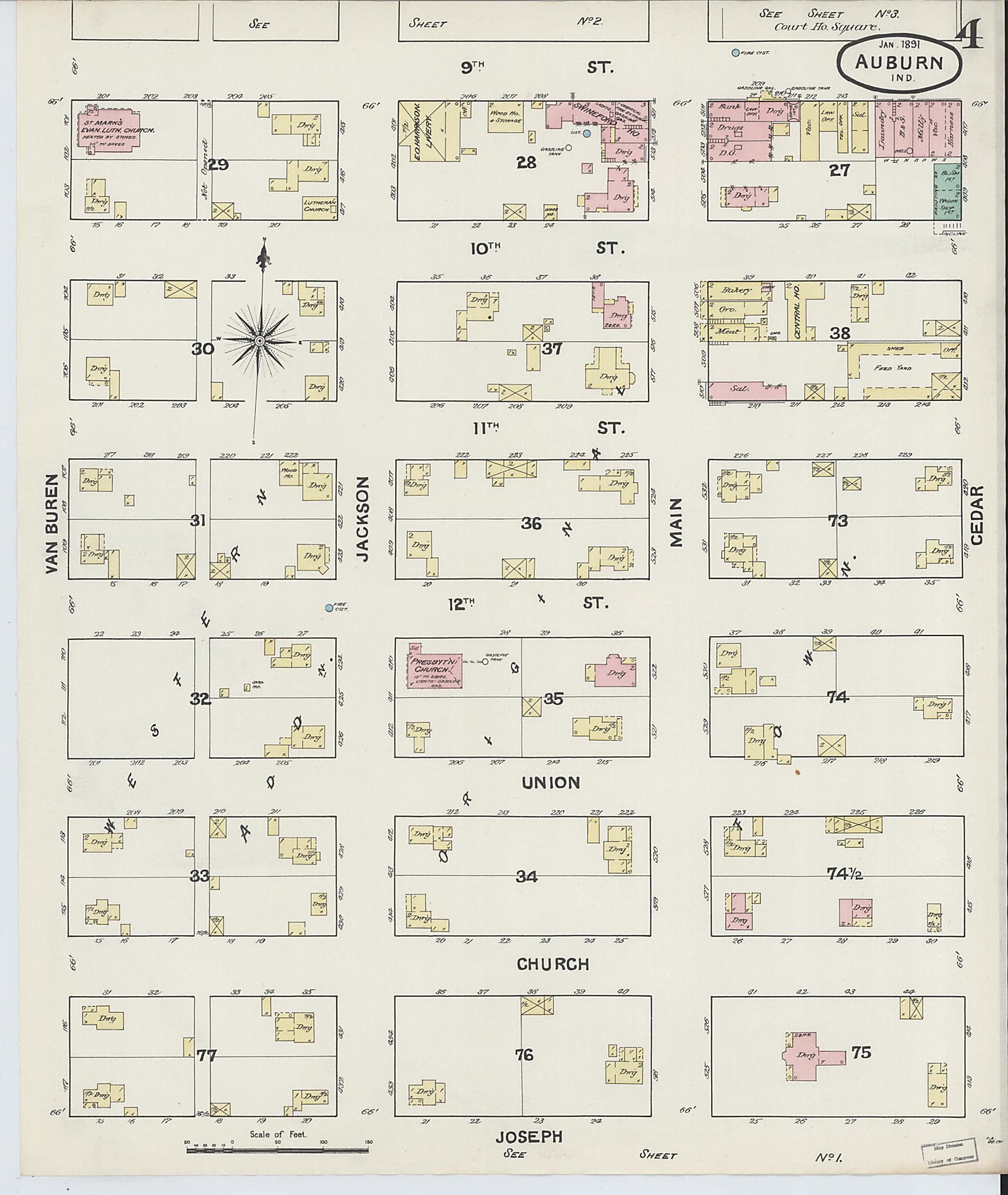 This old map of Auburn, De Kalb County, Indiana was created by Sanborn Map Company in 1891