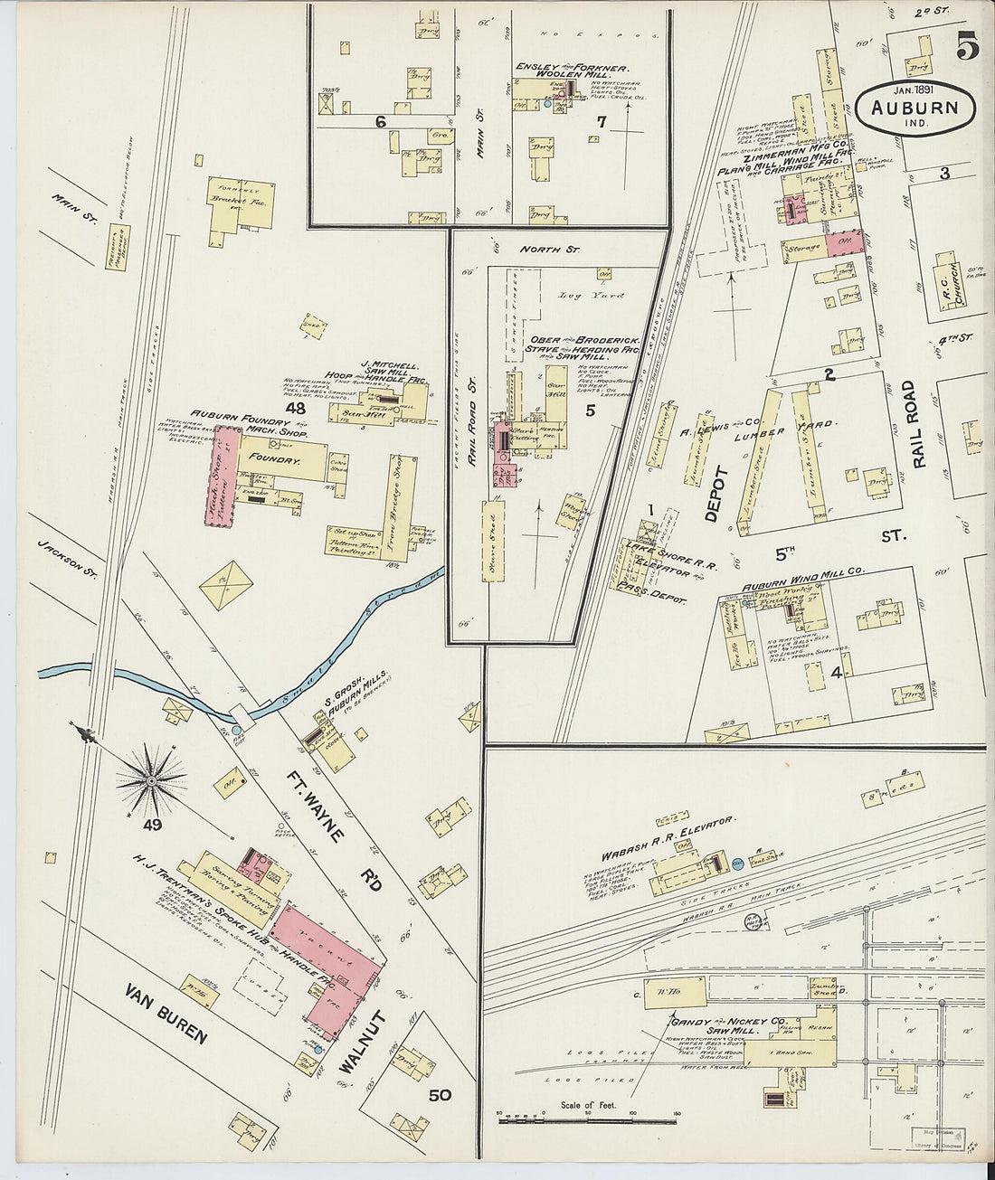 This old map of Auburn, De Kalb County, Indiana was created by Sanborn Map Company in 1891