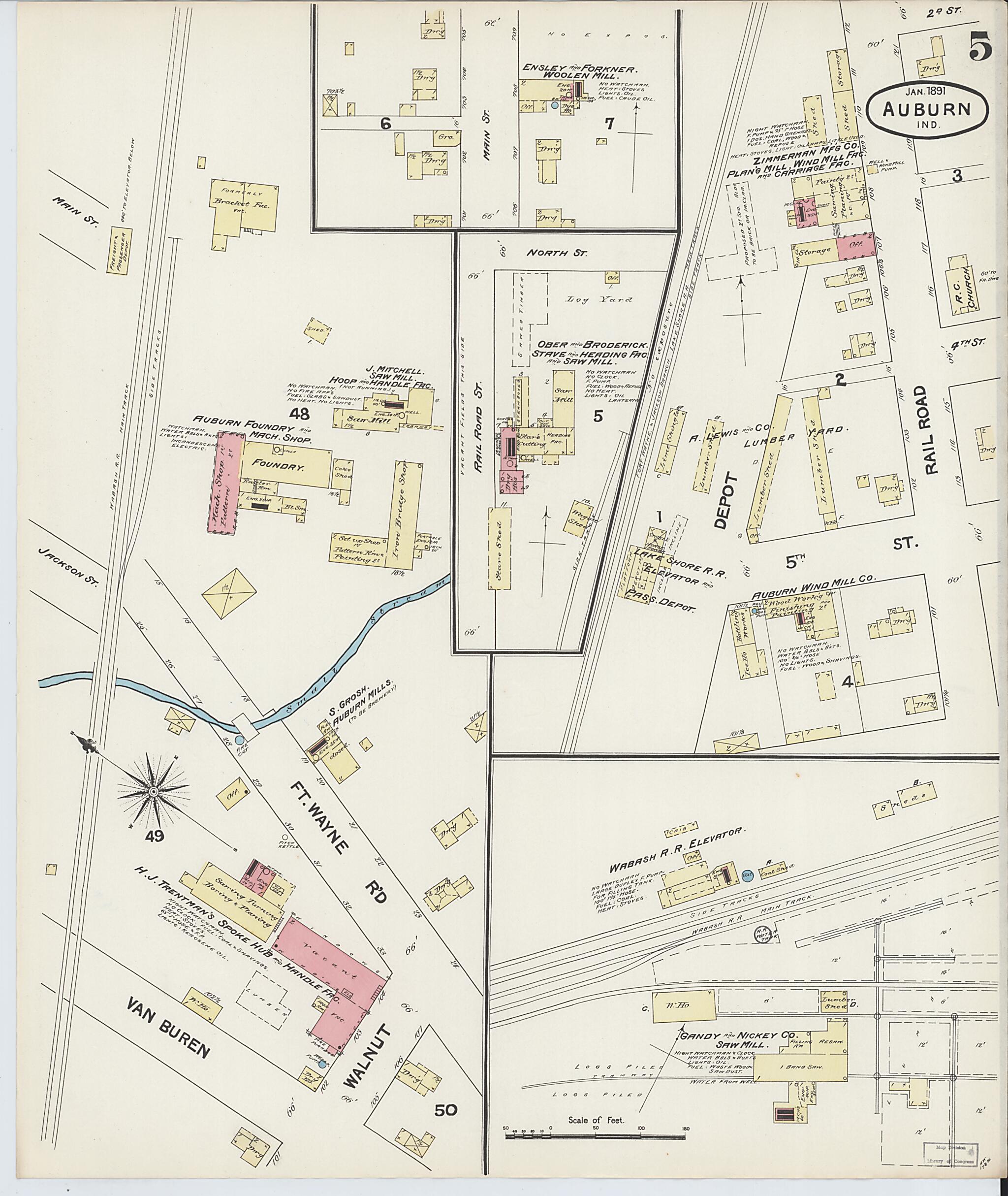 This old map of Auburn, De Kalb County, Indiana was created by Sanborn Map Company in 1891