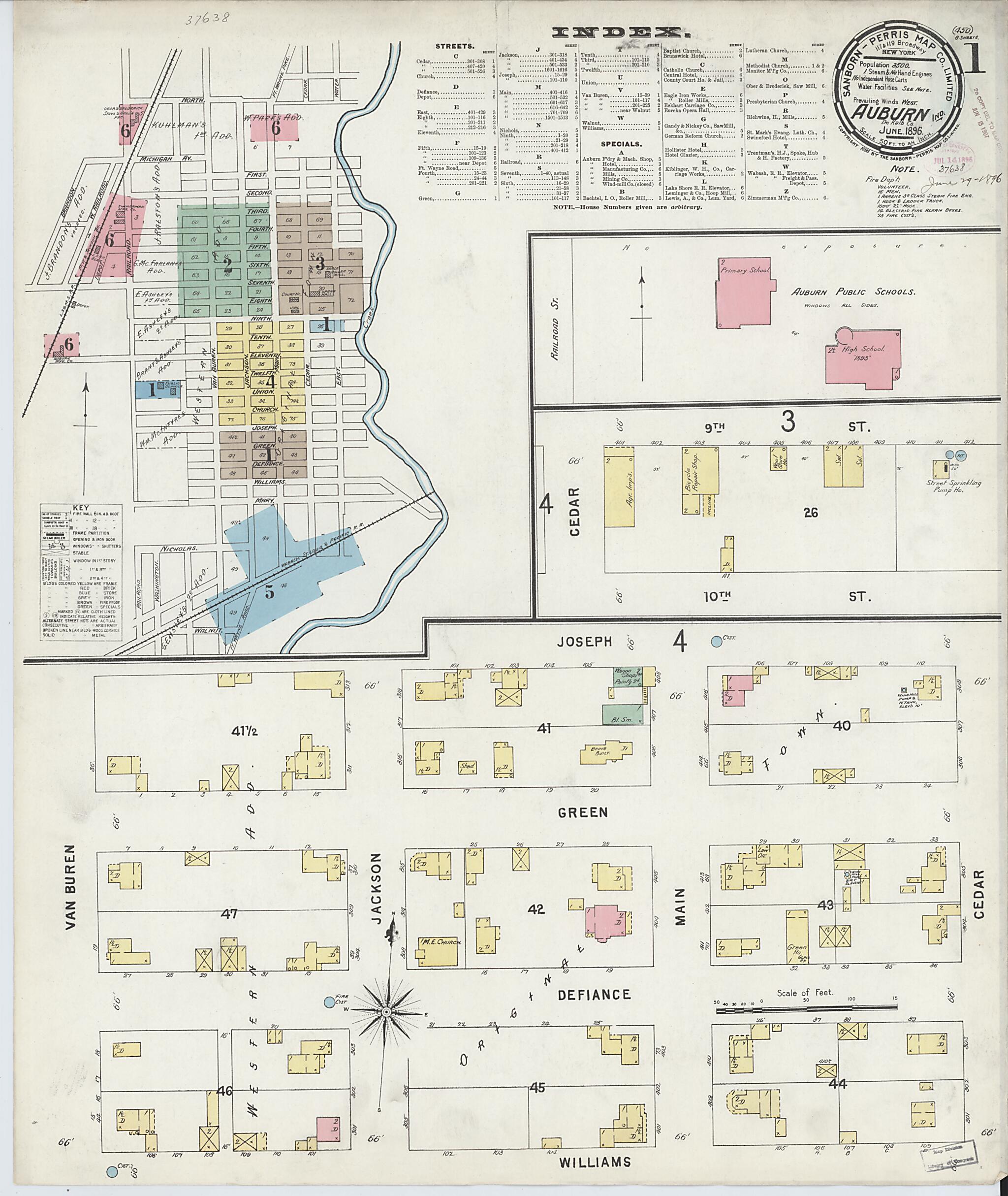 This old map of Auburn, De Kalb County, Indiana was created by Sanborn Map Company in 1896