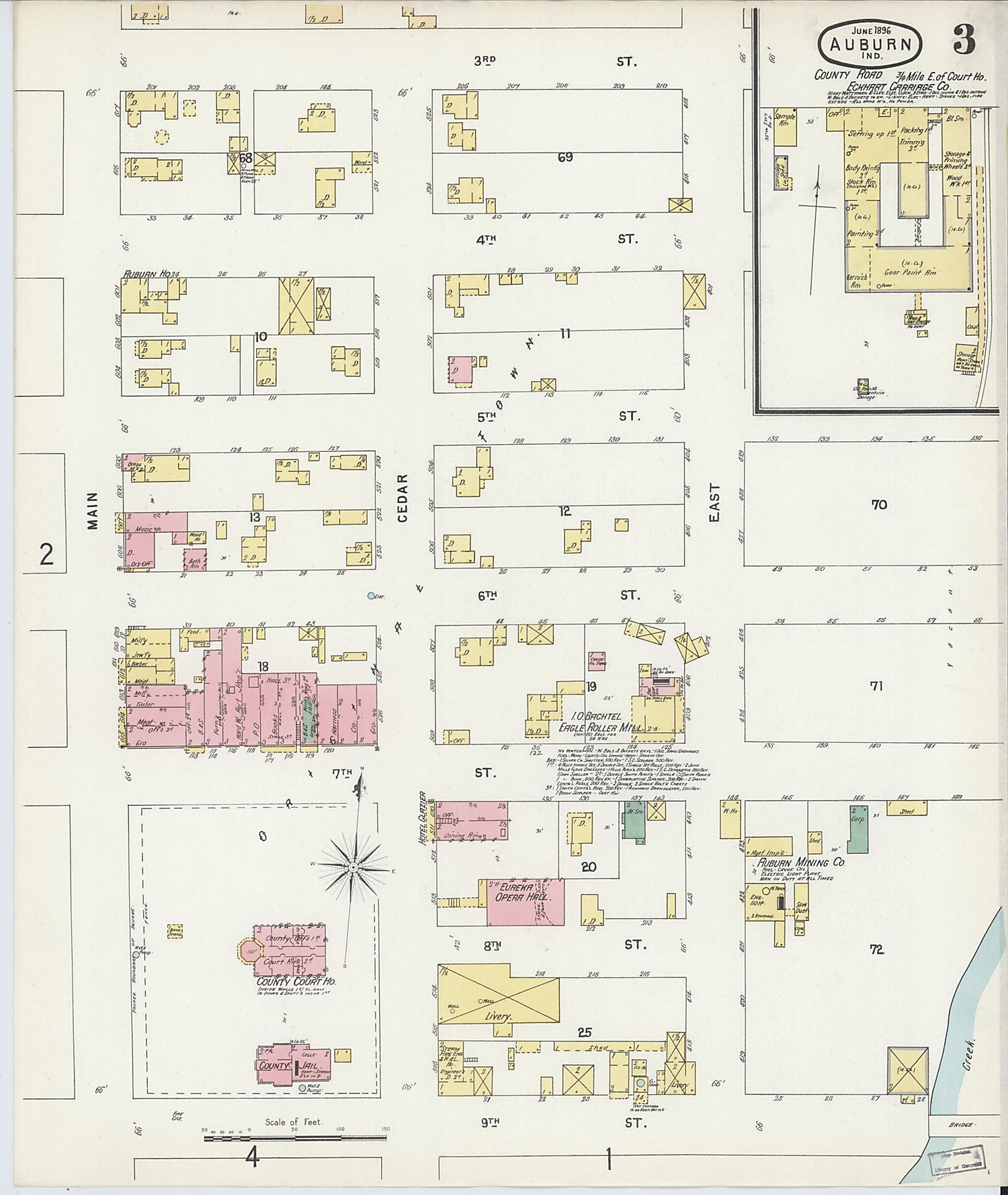 This old map of Auburn, De Kalb County, Indiana was created by Sanborn Map Company in 1896