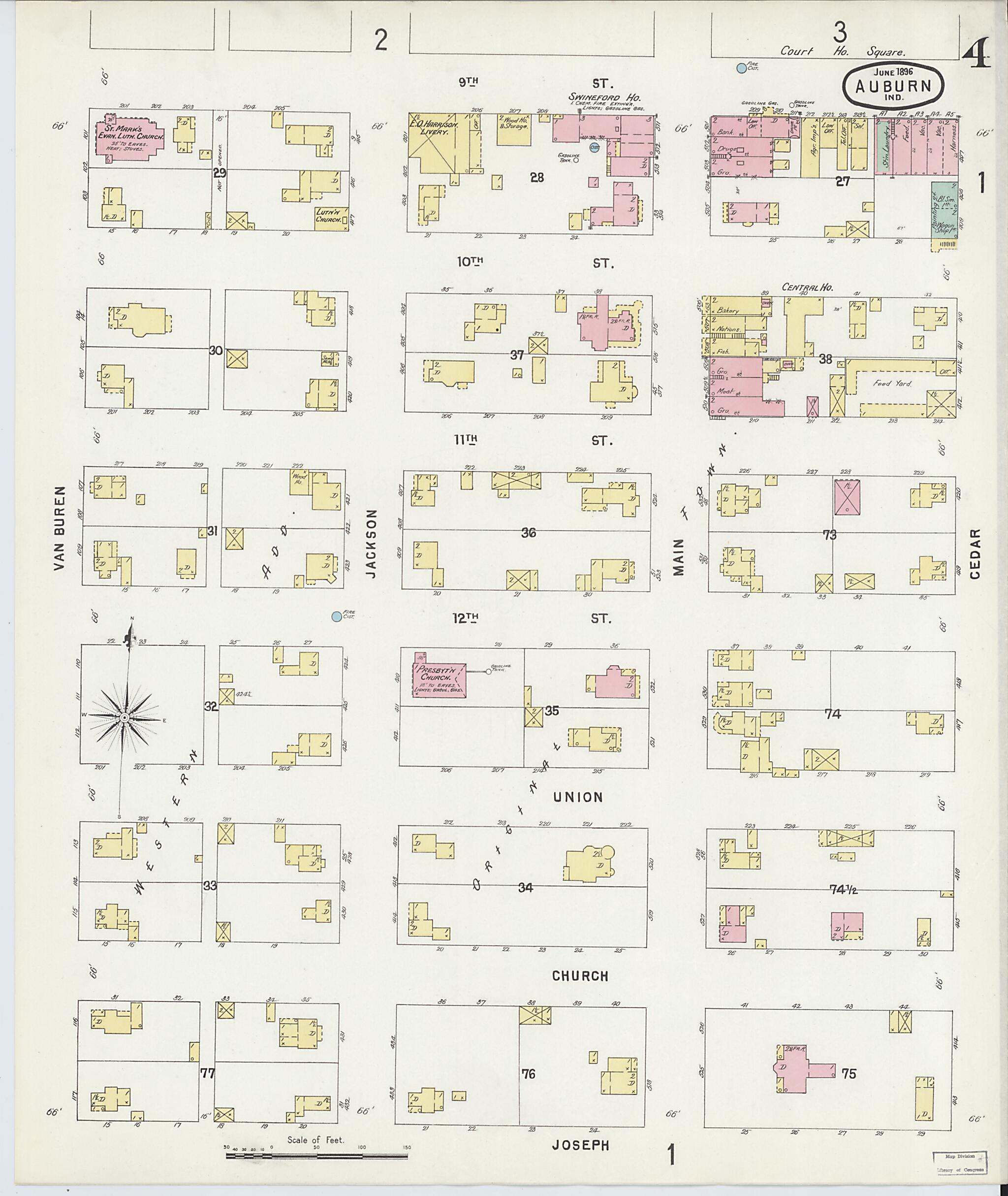 This old map of Auburn, De Kalb County, Indiana was created by Sanborn Map Company in 1896