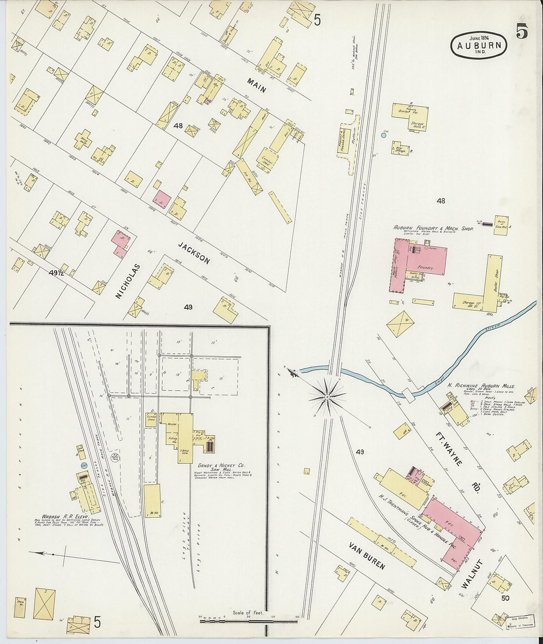 This old map of Auburn, De Kalb County, Indiana was created by Sanborn Map Company in 1896