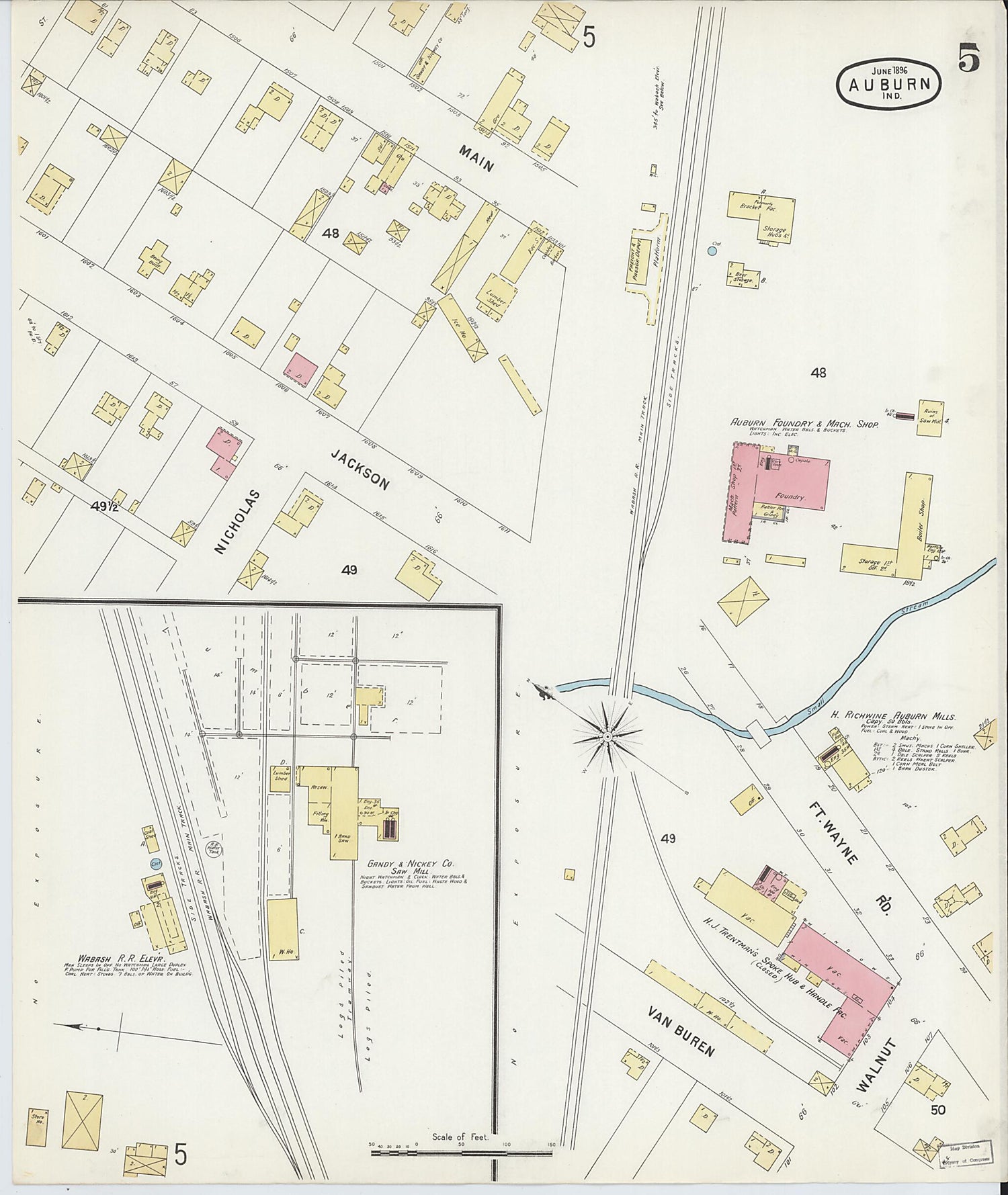 This old map of Auburn, De Kalb County, Indiana was created by Sanborn Map Company in 1896