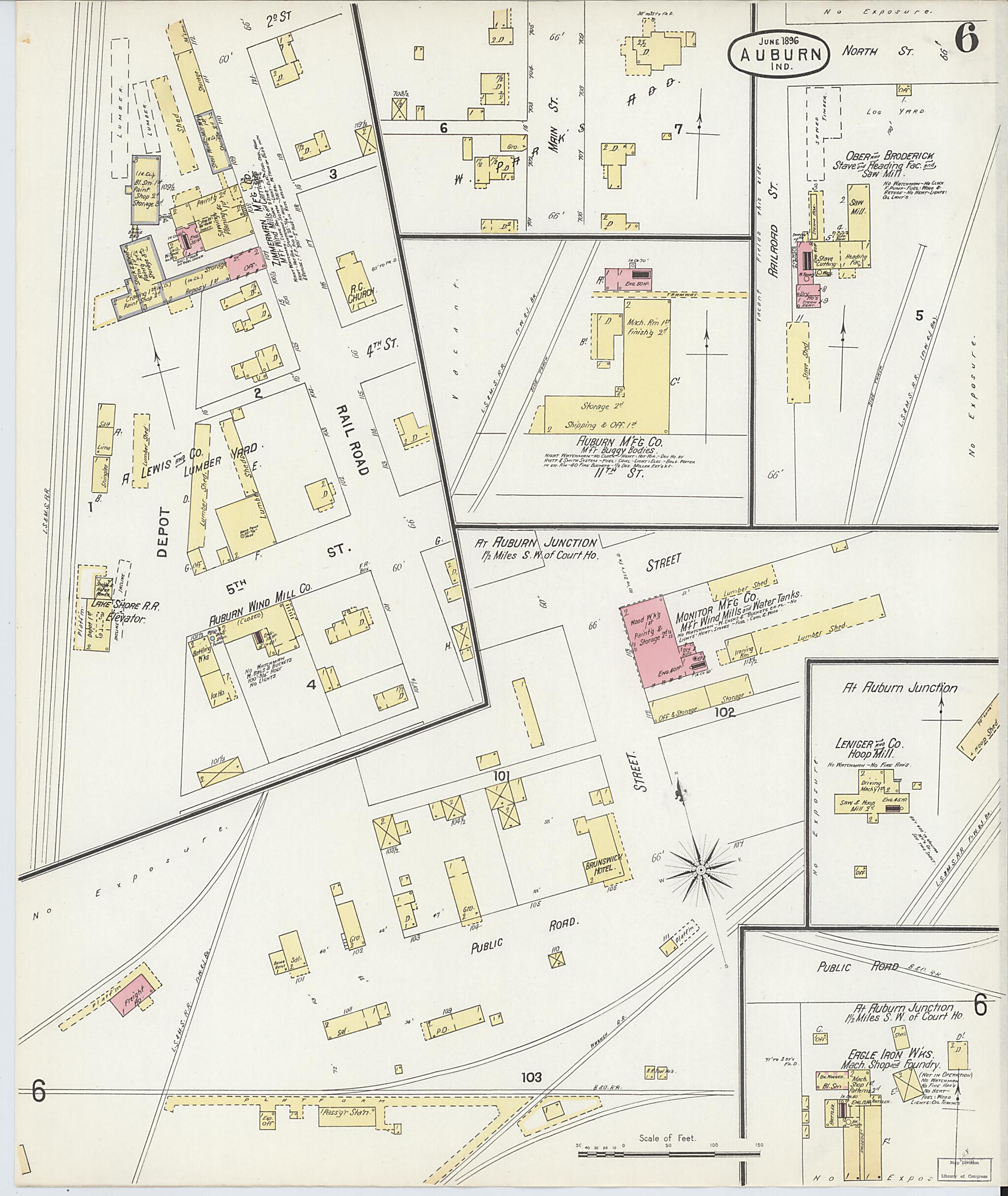 This old map of Auburn, De Kalb County, Indiana was created by Sanborn Map Company in 1896