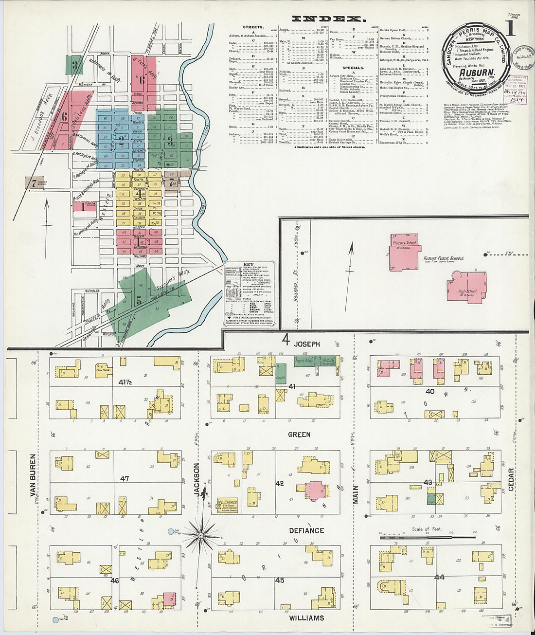 This old map of Auburn, De Kalb County, Indiana was created by Sanborn Map Company in 1901