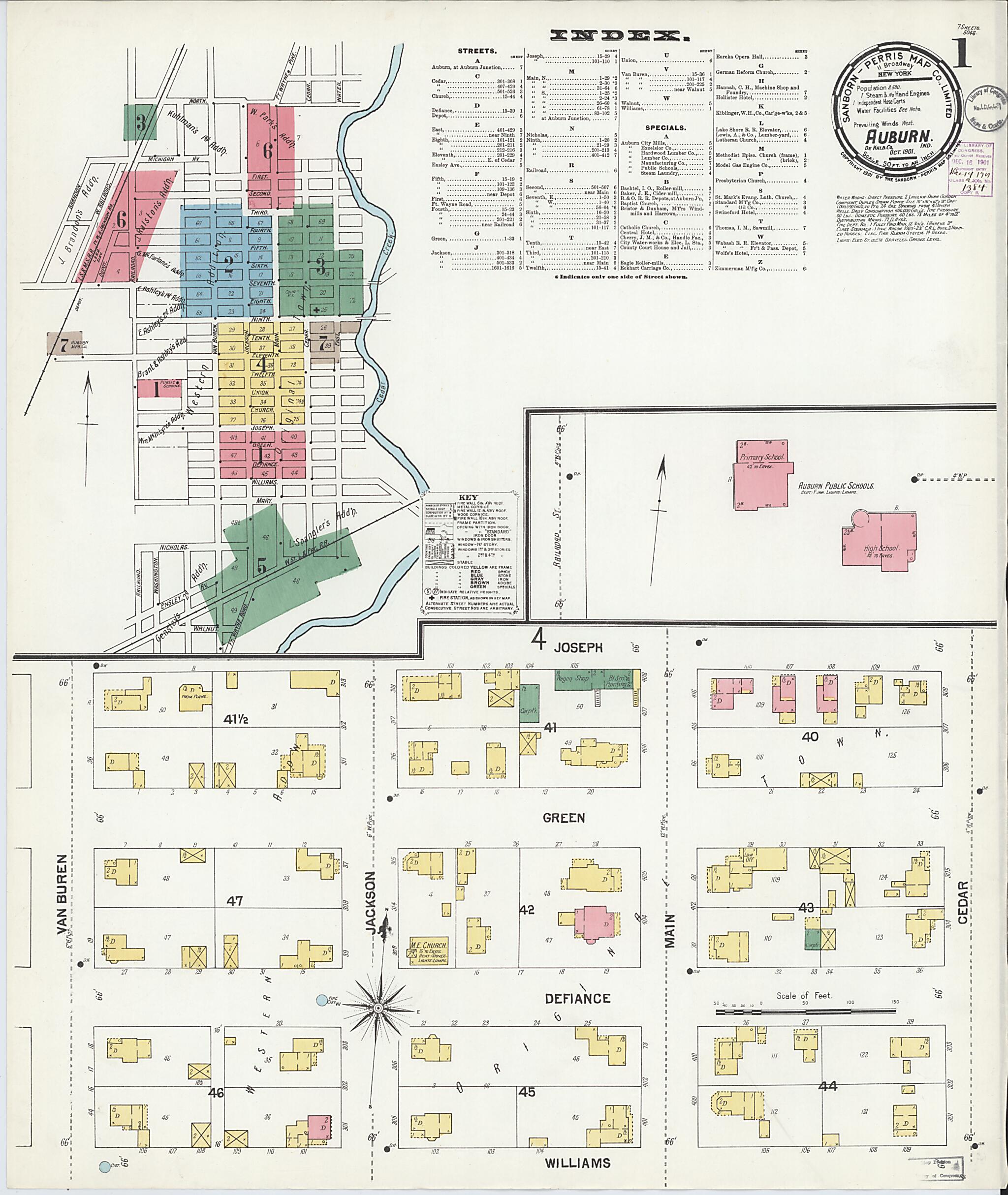 This old map of Auburn, De Kalb County, Indiana was created by Sanborn Map Company in 1901