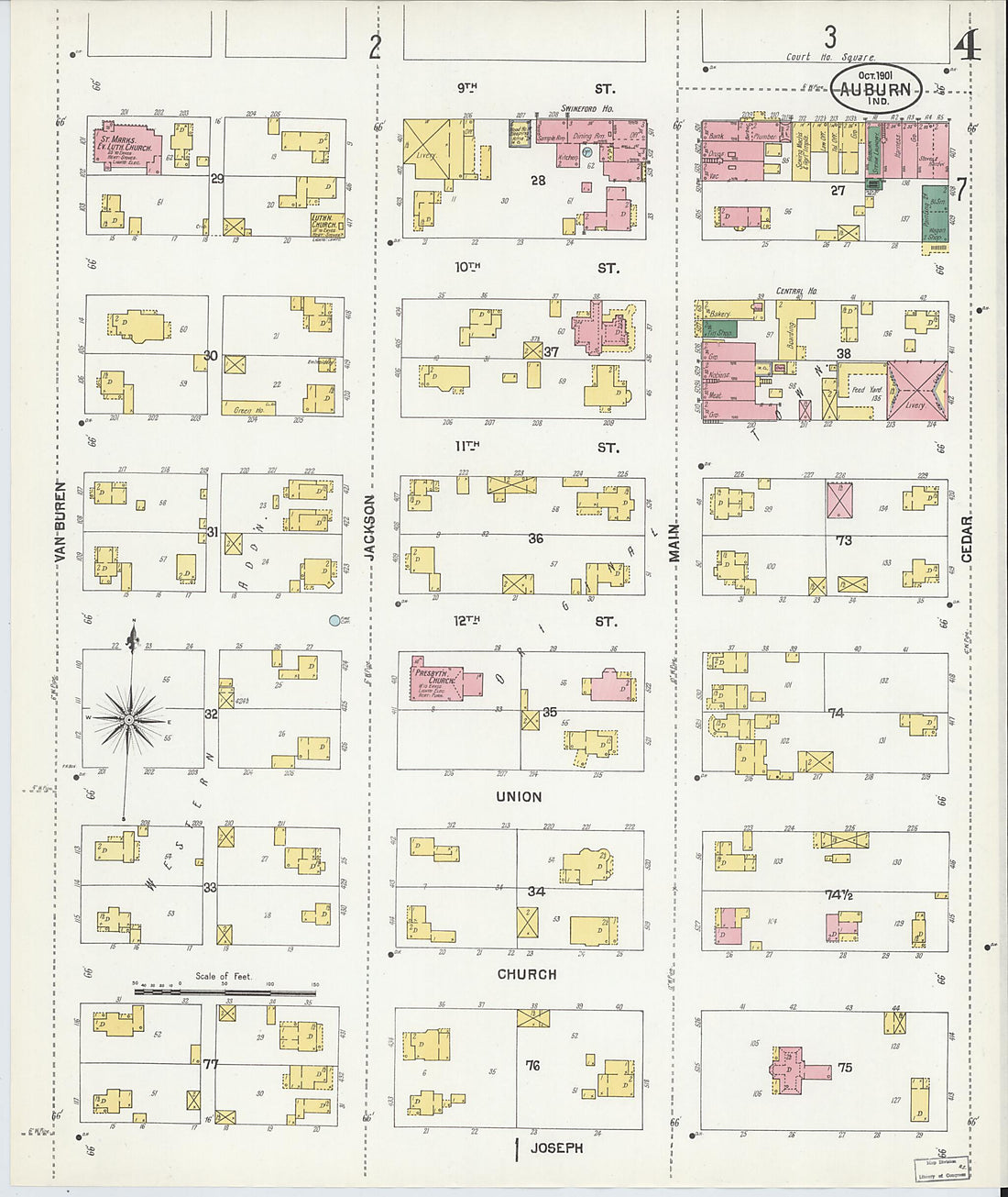 This old map of Auburn, De Kalb County, Indiana was created by Sanborn Map Company in 1901