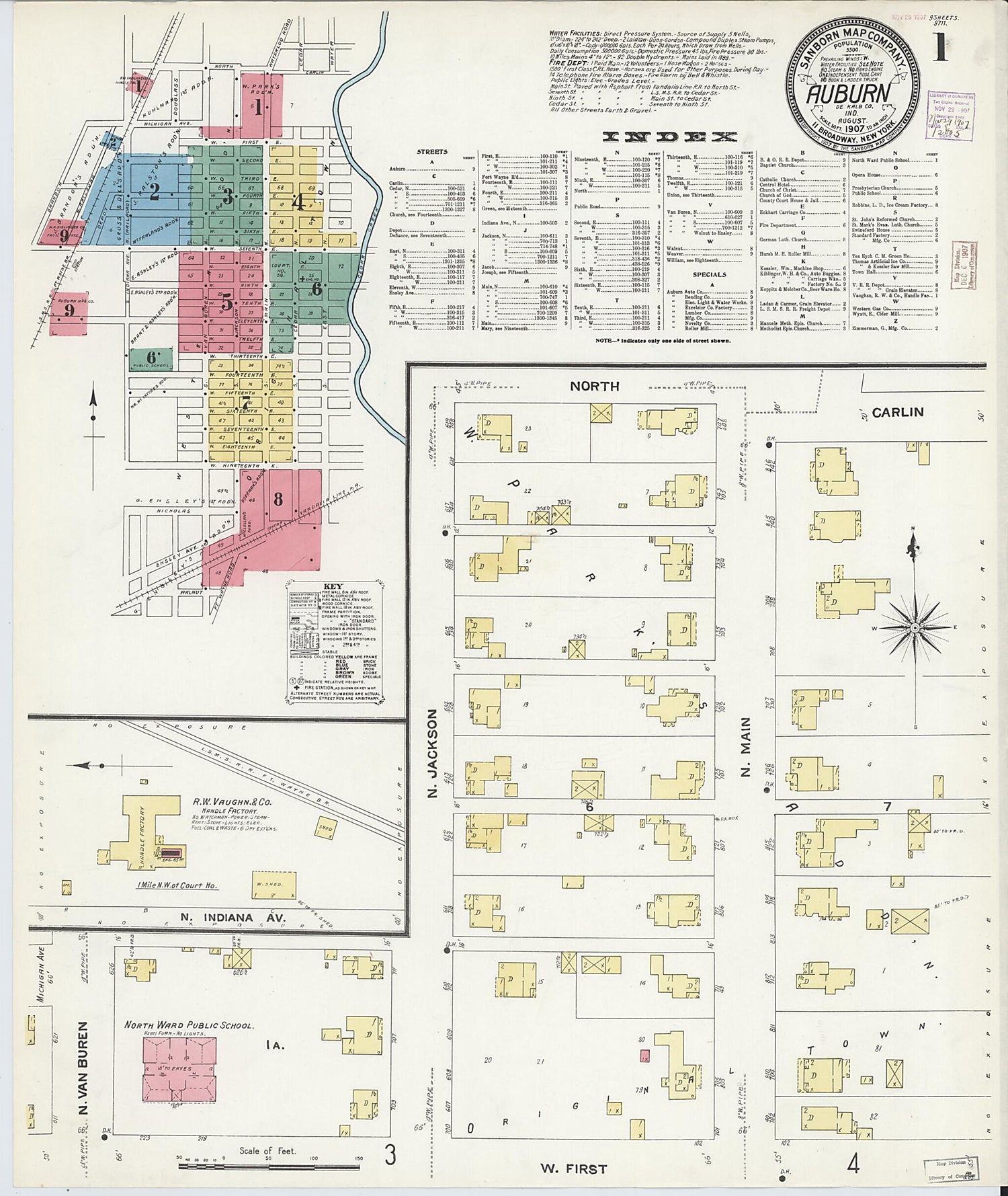 This old map of Auburn, De Kalb County, Indiana was created by Sanborn Map Company in 1907