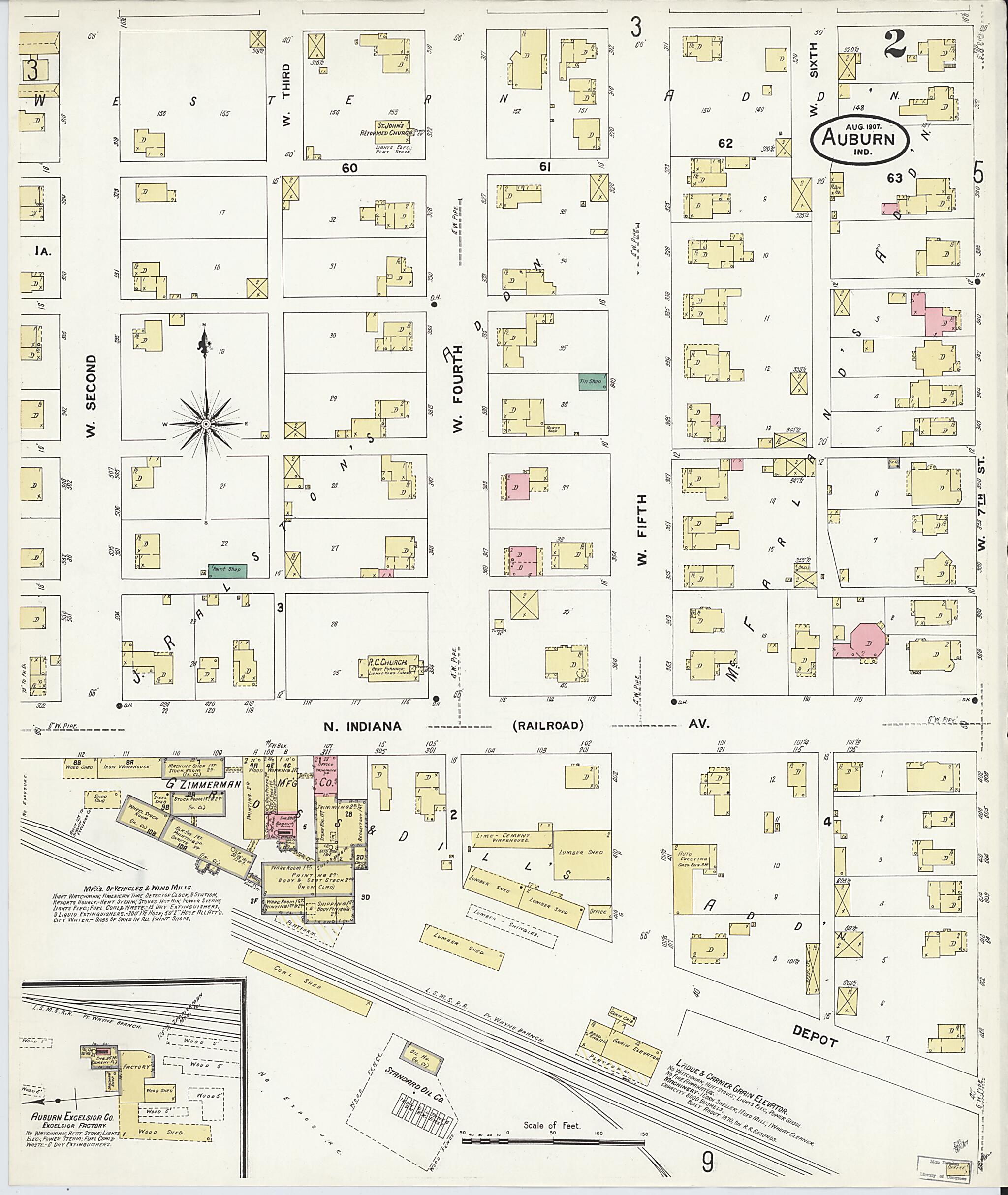 This old map of Auburn, De Kalb County, Indiana was created by Sanborn Map Company in 1907