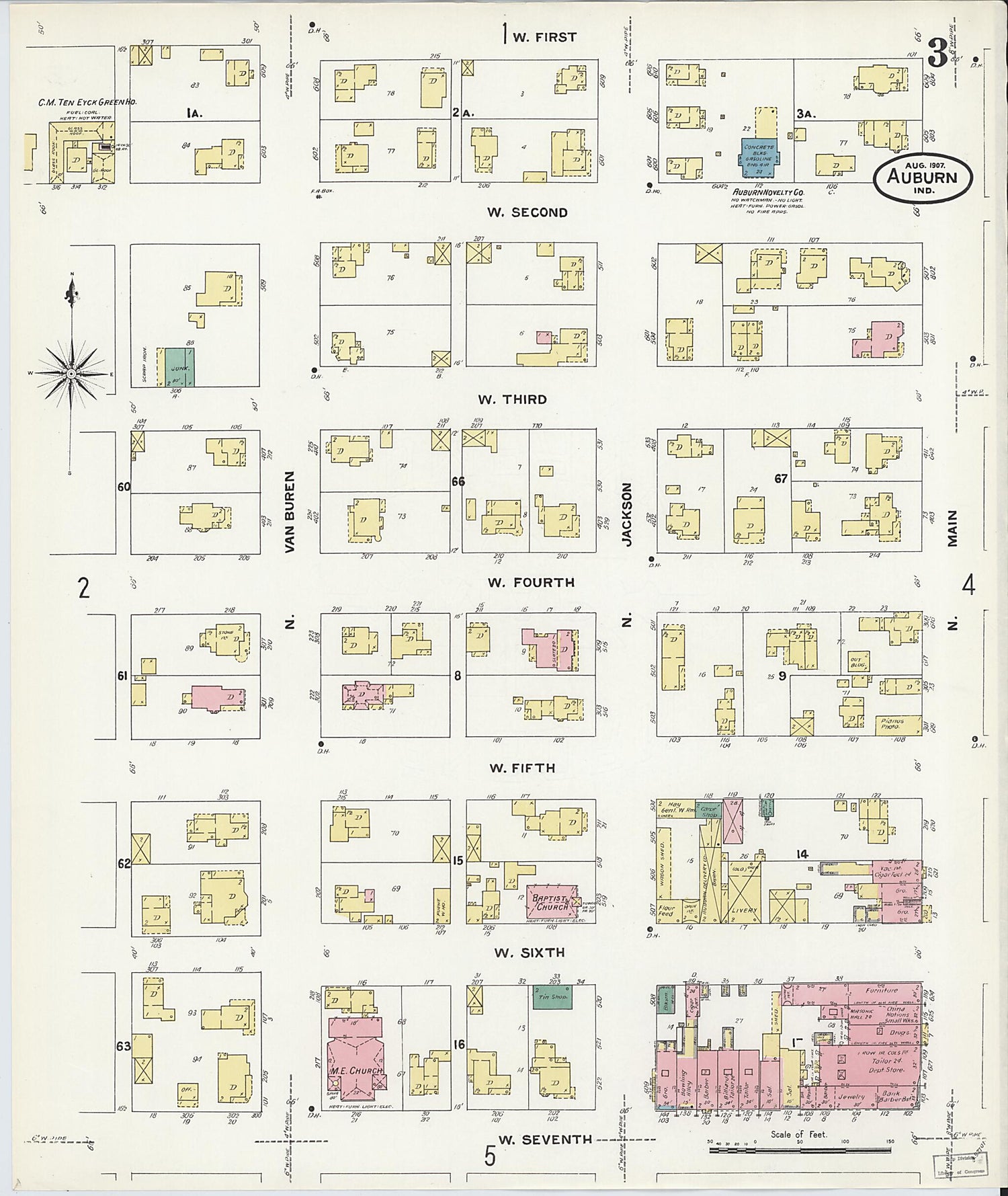 This old map of Auburn, De Kalb County, Indiana was created by Sanborn Map Company in 1907