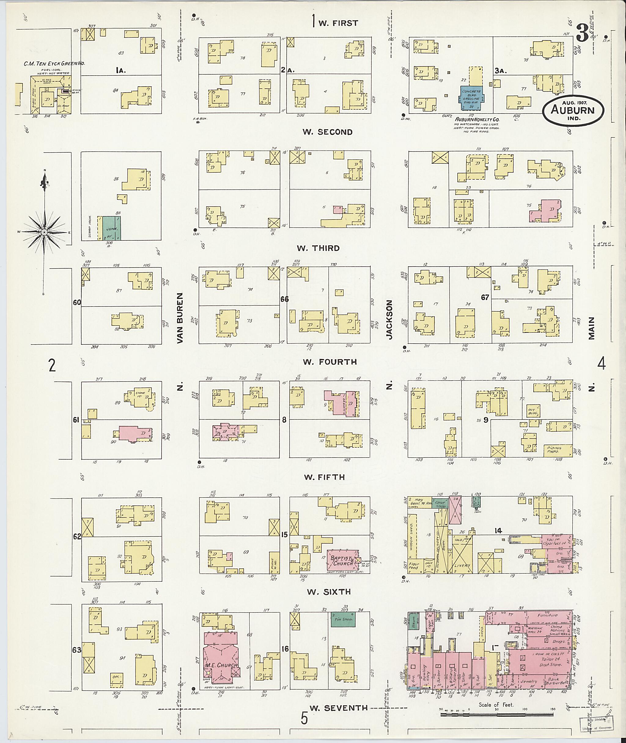 This old map of Auburn, De Kalb County, Indiana was created by Sanborn Map Company in 1907