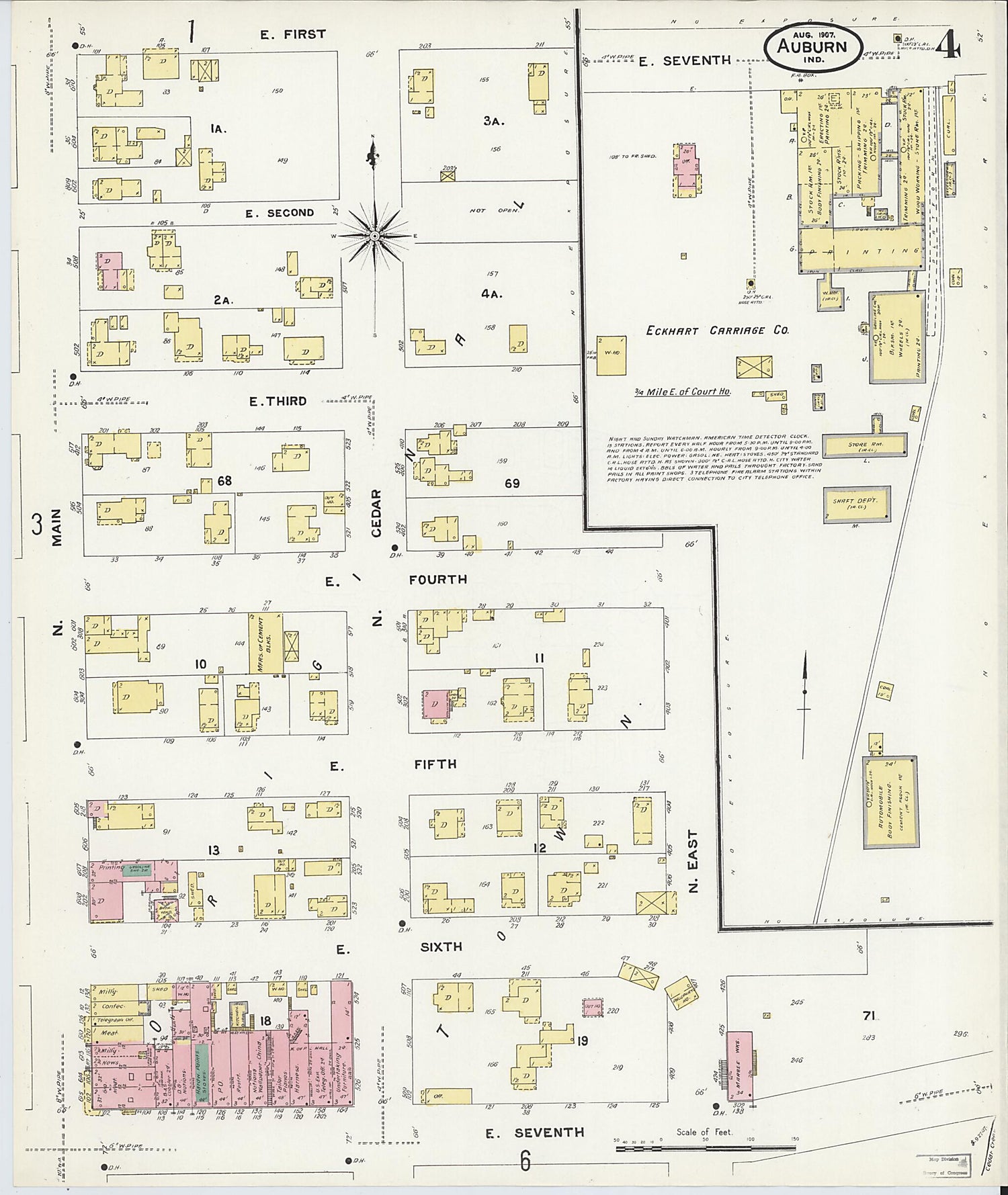 This old map of Auburn, De Kalb County, Indiana was created by Sanborn Map Company in 1907