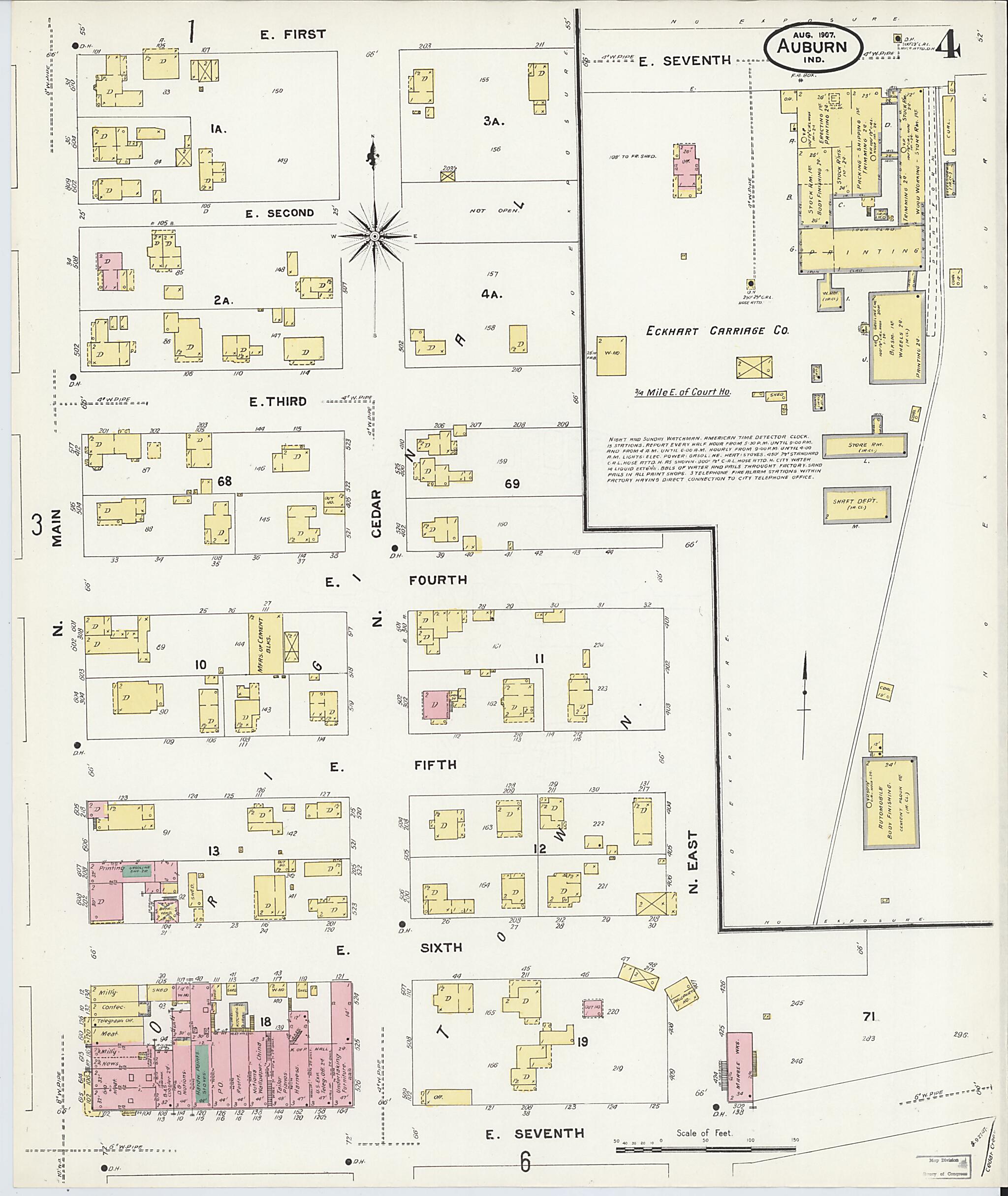 This old map of Auburn, De Kalb County, Indiana was created by Sanborn Map Company in 1907