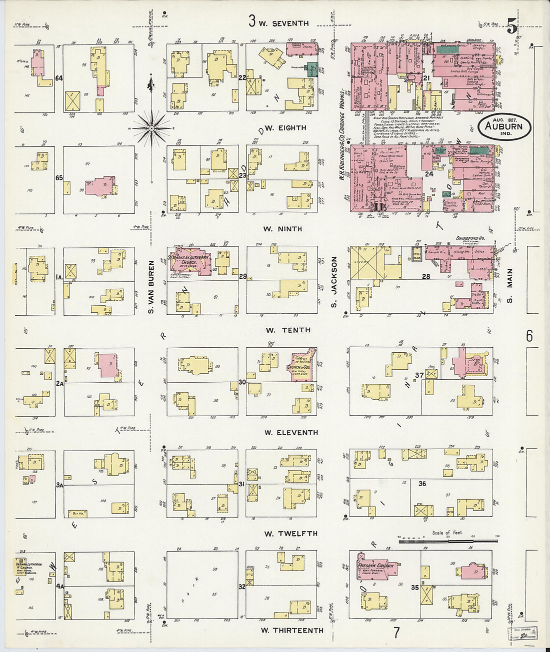 This old map of Auburn, De Kalb County, Indiana was created by Sanborn Map Company in 1907