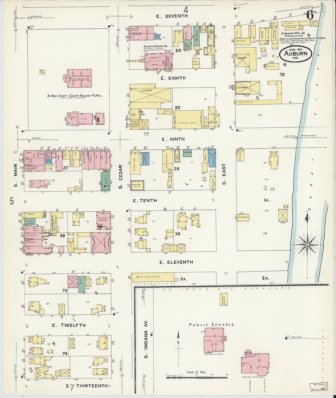 This old map of Auburn, De Kalb County, Indiana was created by Sanborn Map Company in 1907