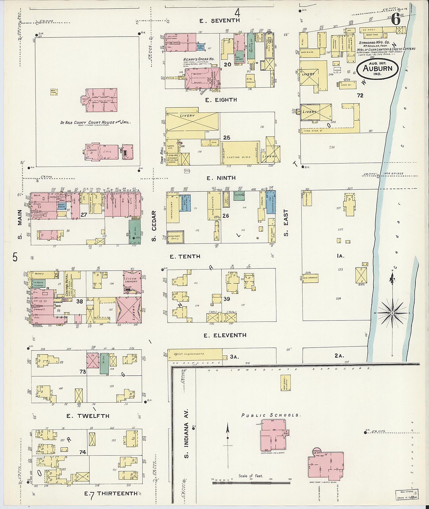 This old map of Auburn, De Kalb County, Indiana was created by Sanborn Map Company in 1907