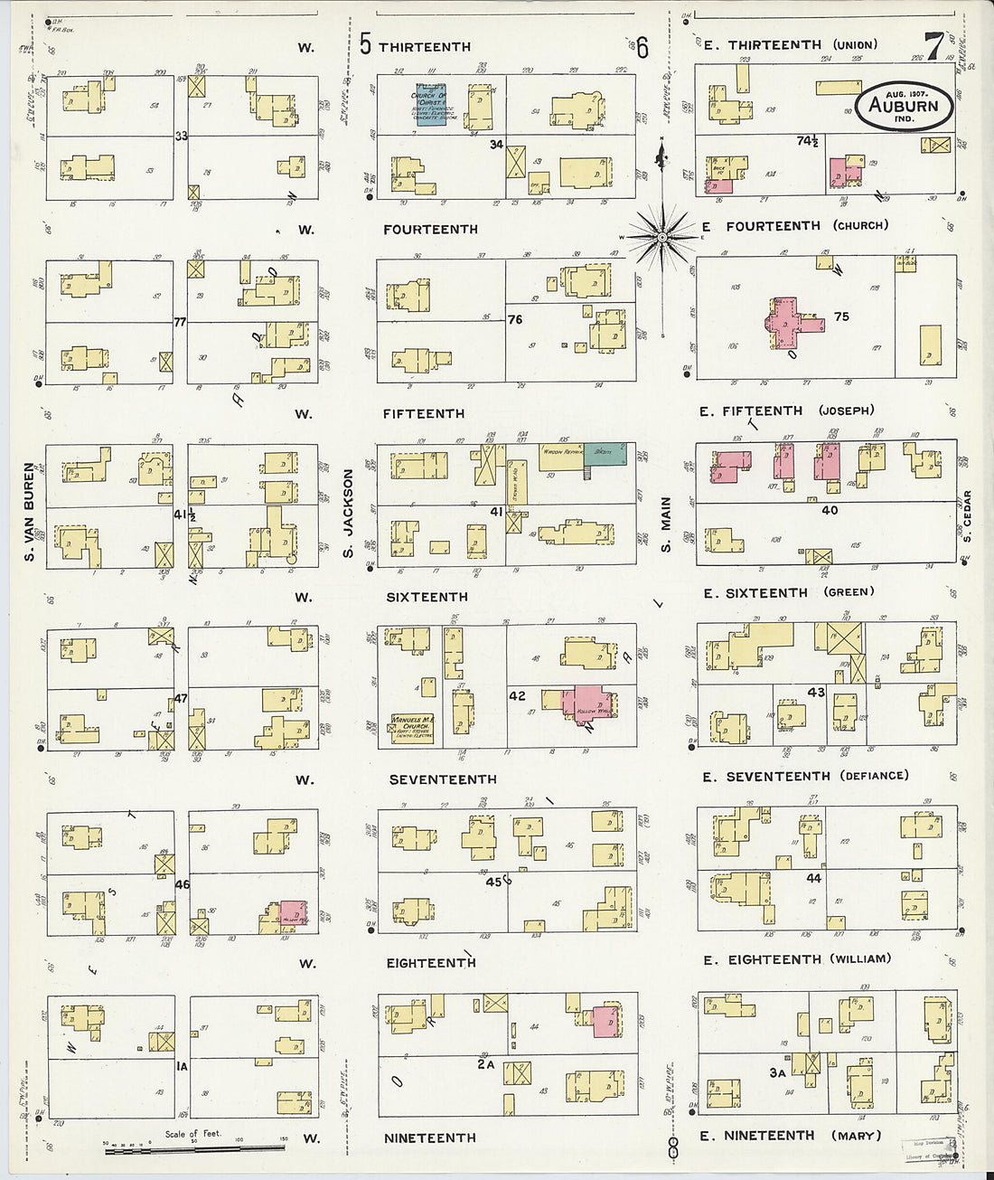 This old map of Auburn, De Kalb County, Indiana was created by Sanborn Map Company in 1907