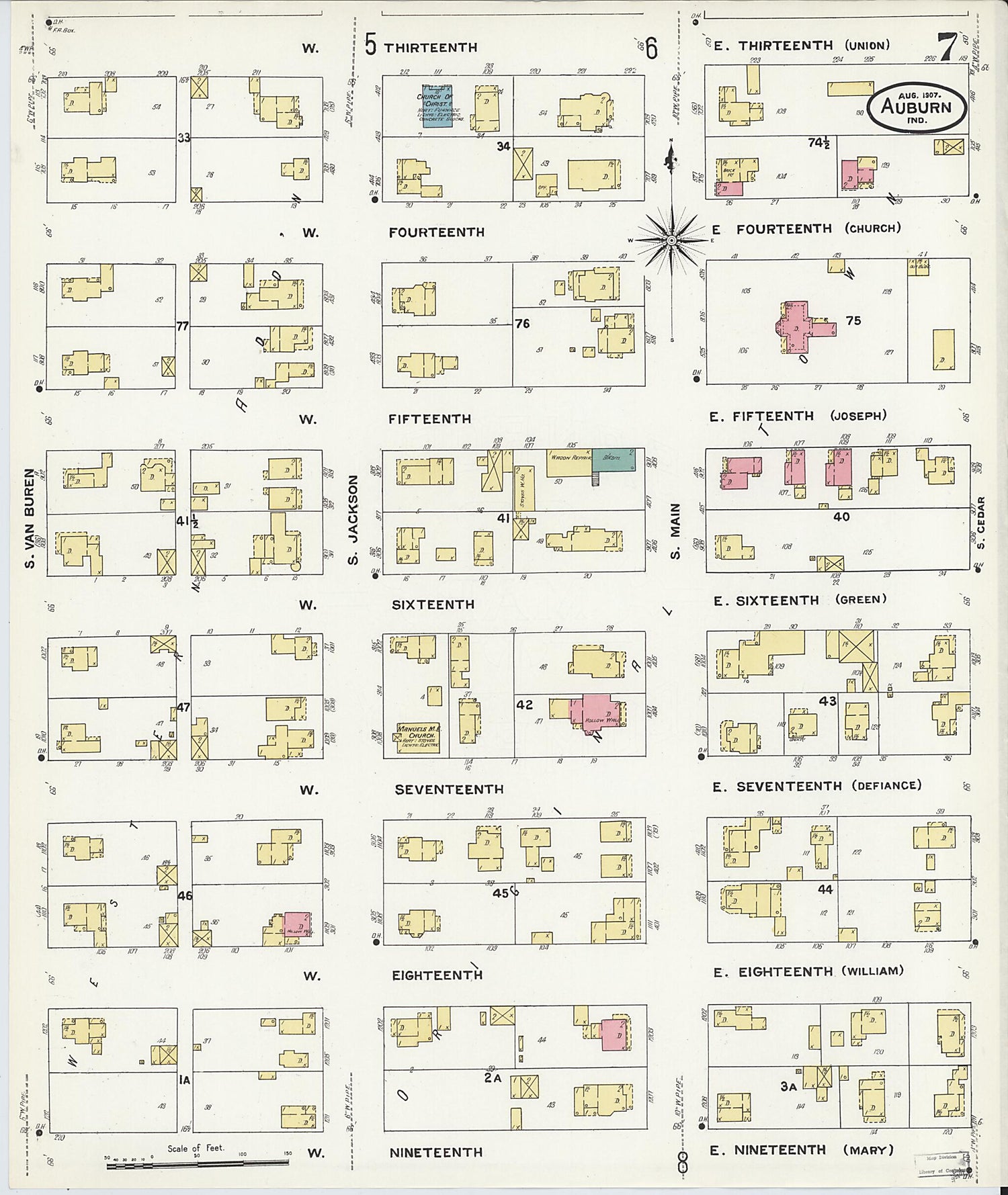 This old map of Auburn, De Kalb County, Indiana was created by Sanborn Map Company in 1907