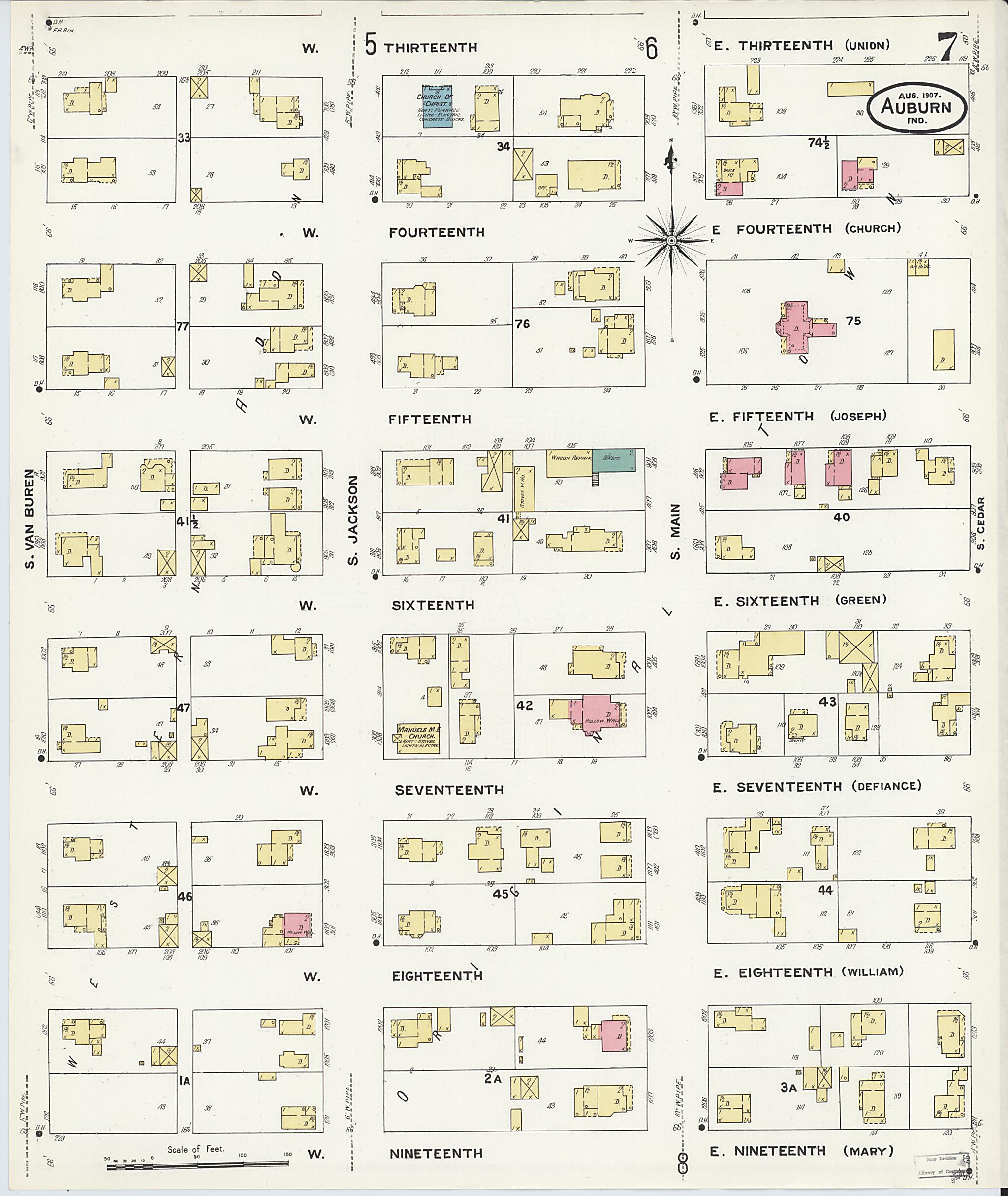 This old map of Auburn, De Kalb County, Indiana was created by Sanborn Map Company in 1907