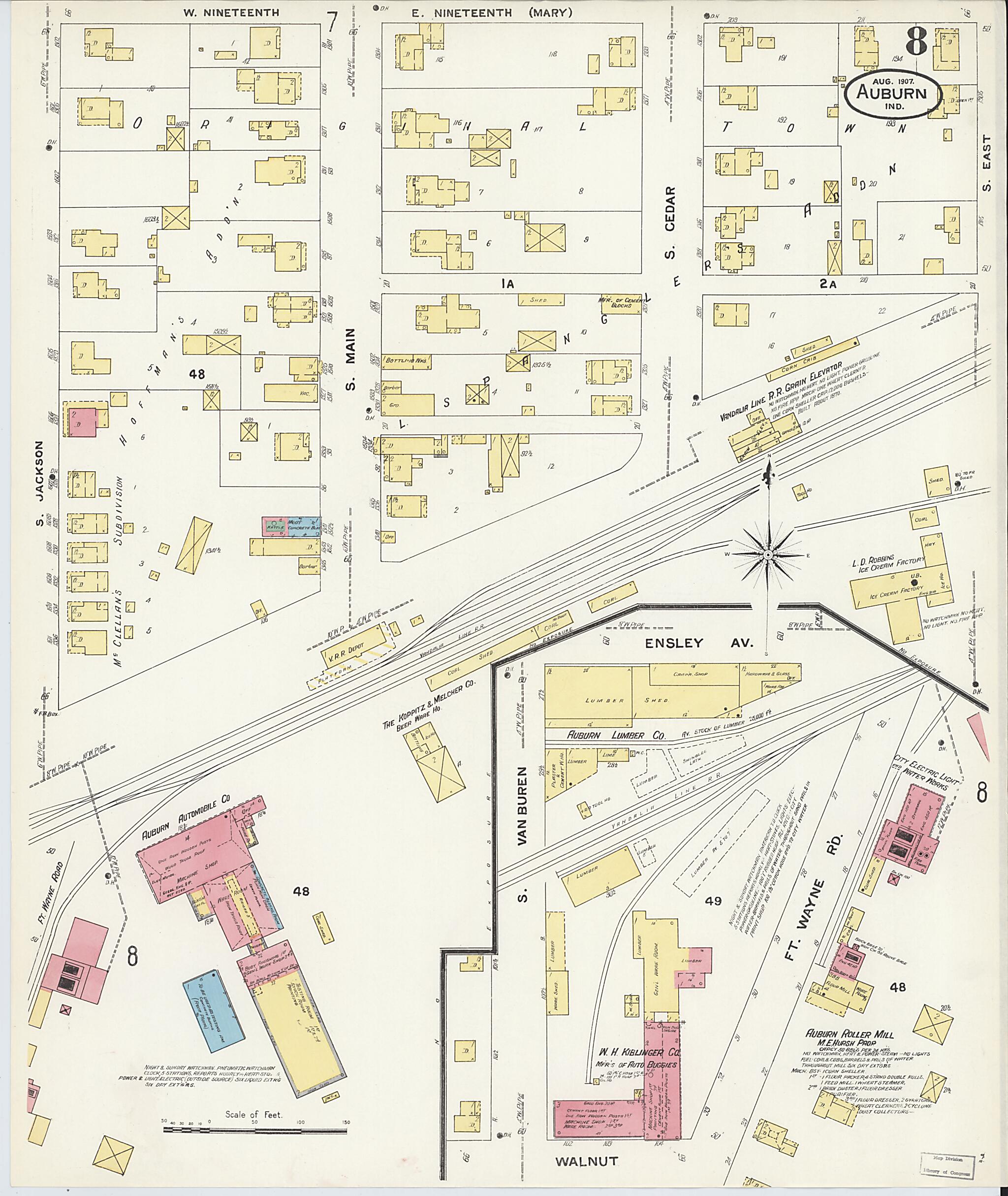 This old map of Auburn, De Kalb County, Indiana was created by Sanborn Map Company in 1907