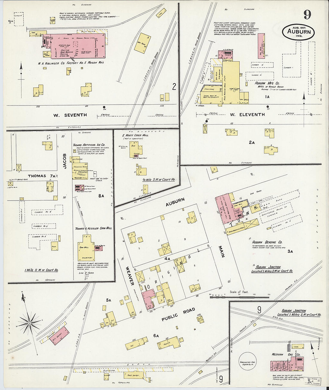 This old map of Auburn, De Kalb County, Indiana was created by Sanborn Map Company in 1907