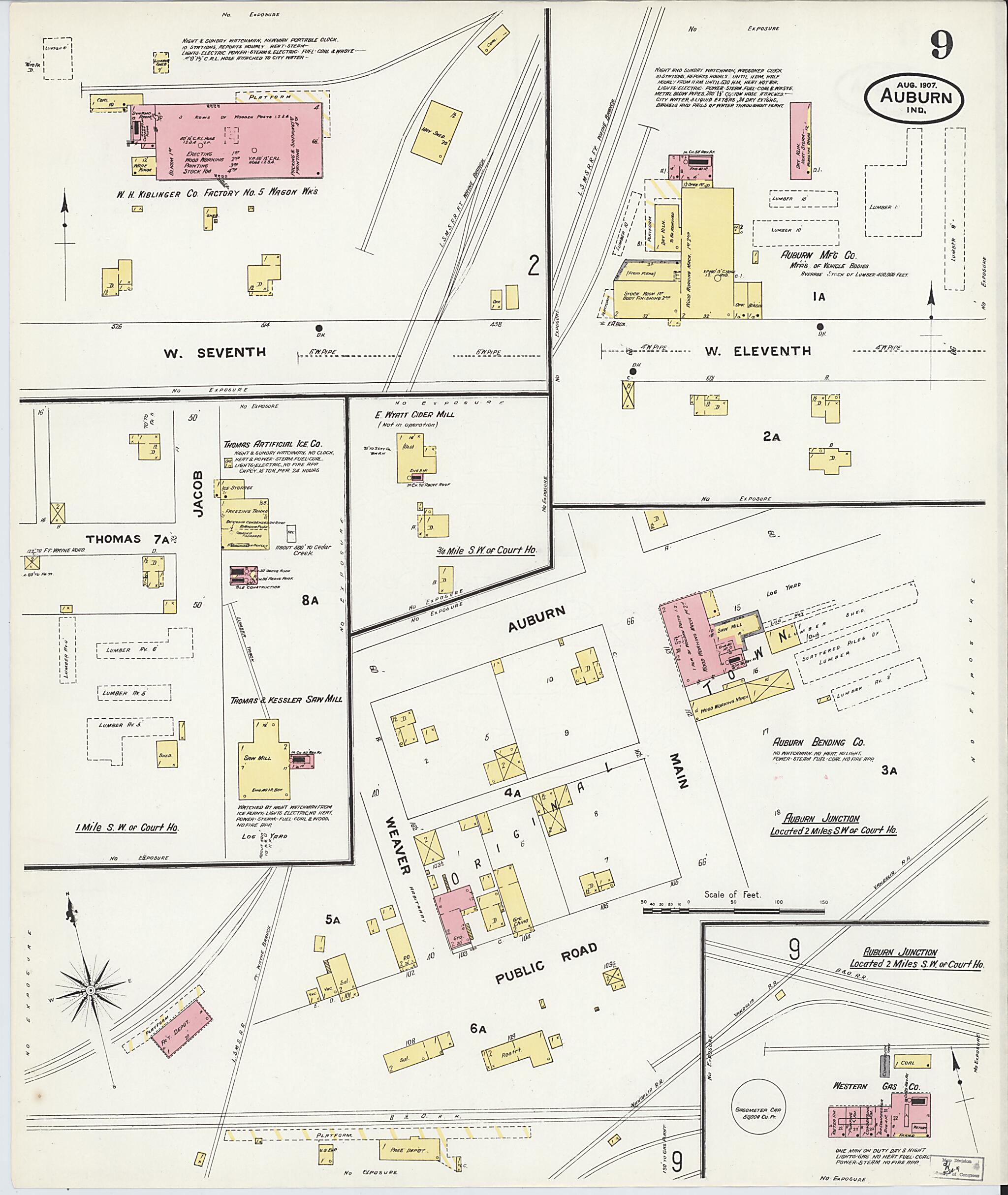 This old map of Auburn, De Kalb County, Indiana was created by Sanborn Map Company in 1907