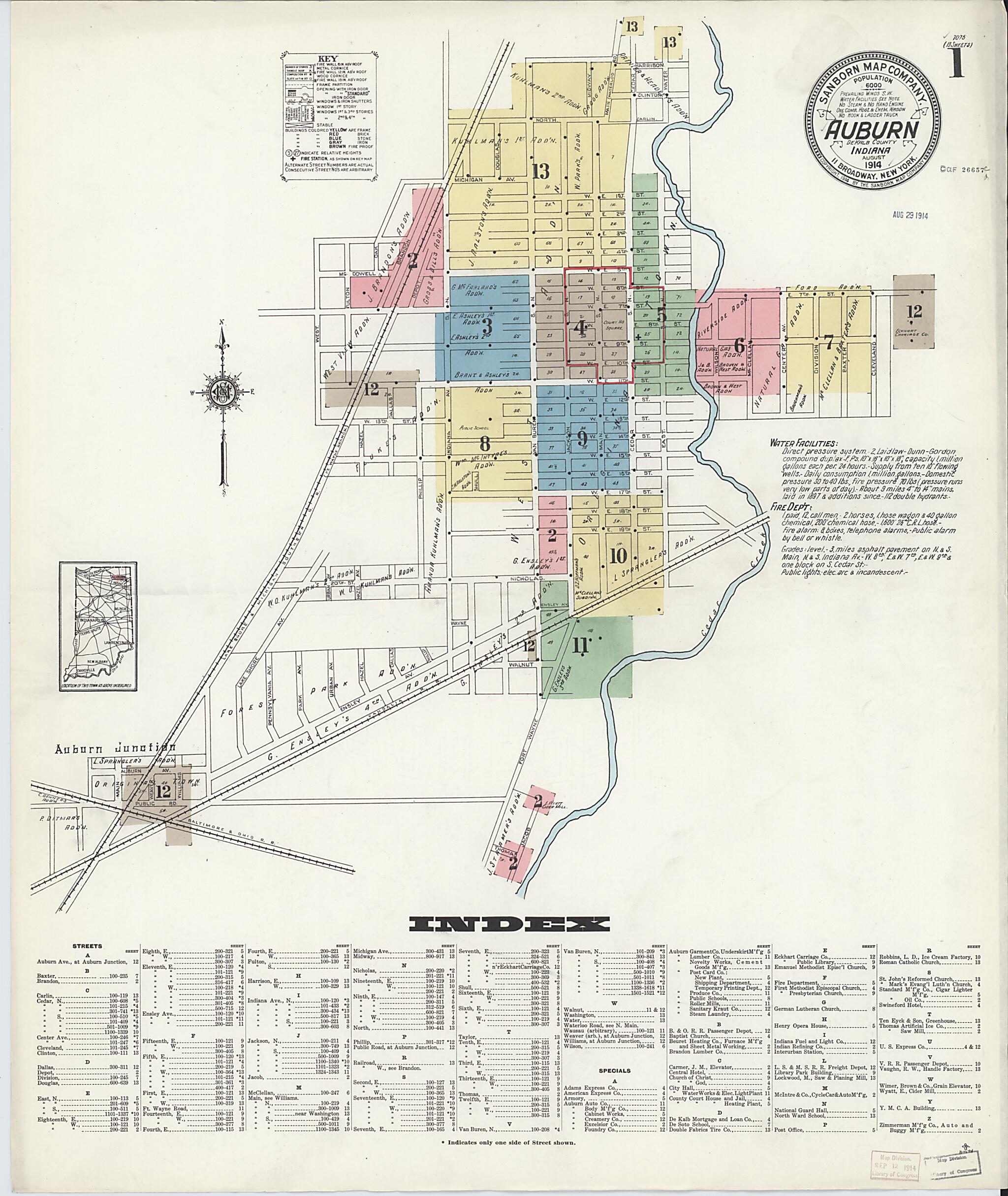 This old map of Auburn, De Kalb County, Indiana was created by Sanborn Map Company in 1914