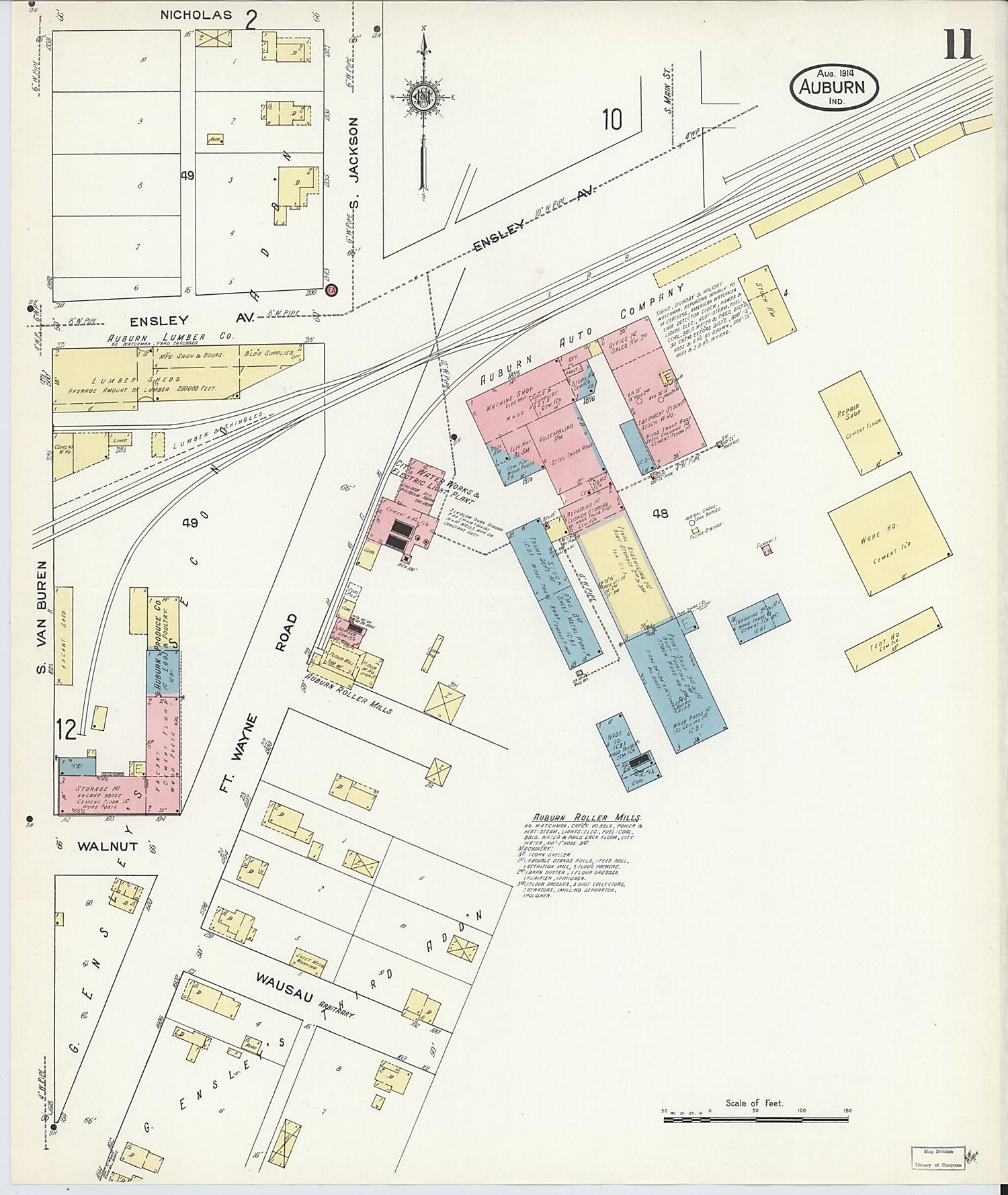 This old map of Auburn, De Kalb County, Indiana was created by Sanborn Map Company in 1914