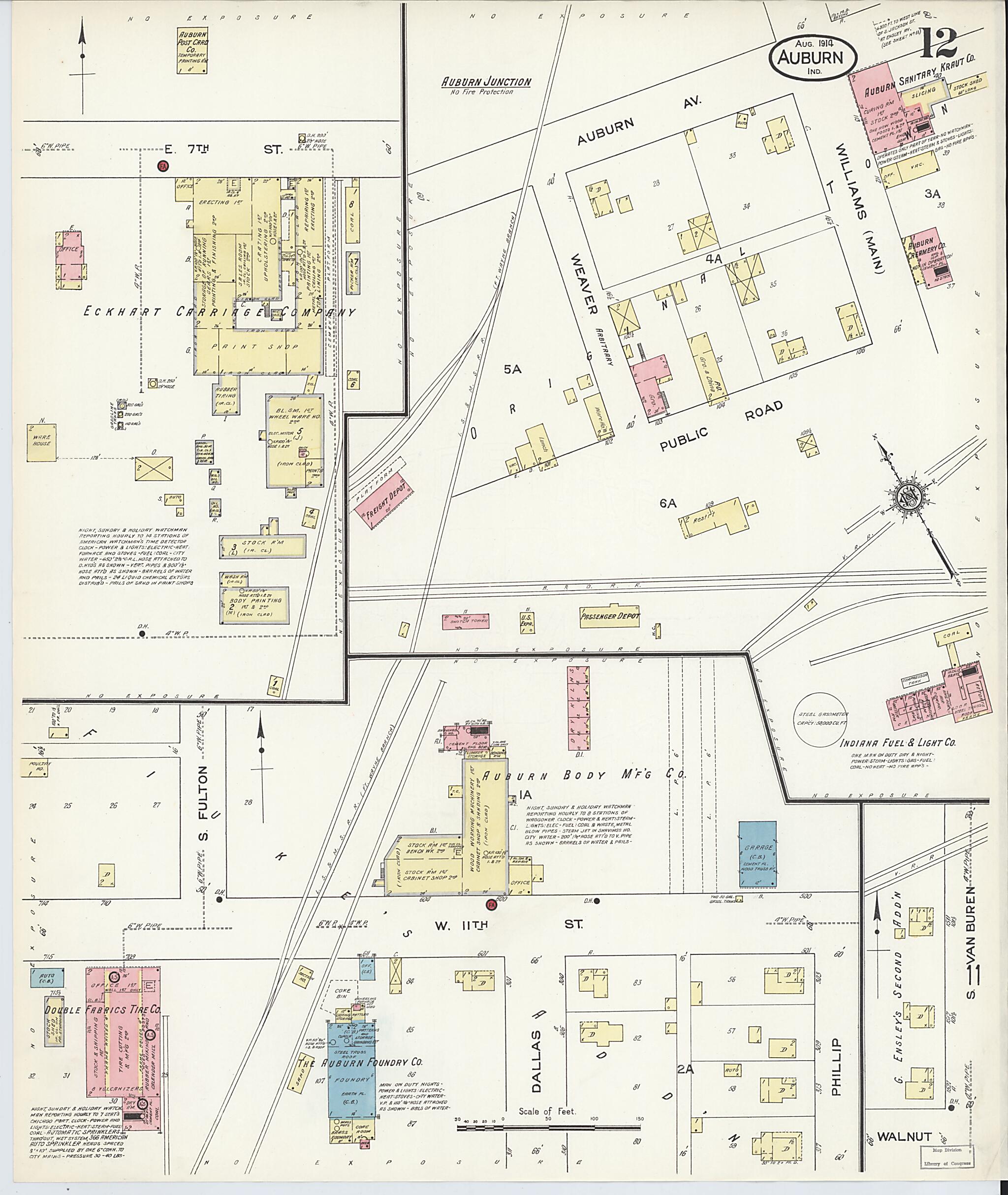 This old map of Auburn, De Kalb County, Indiana was created by Sanborn Map Company in 1914