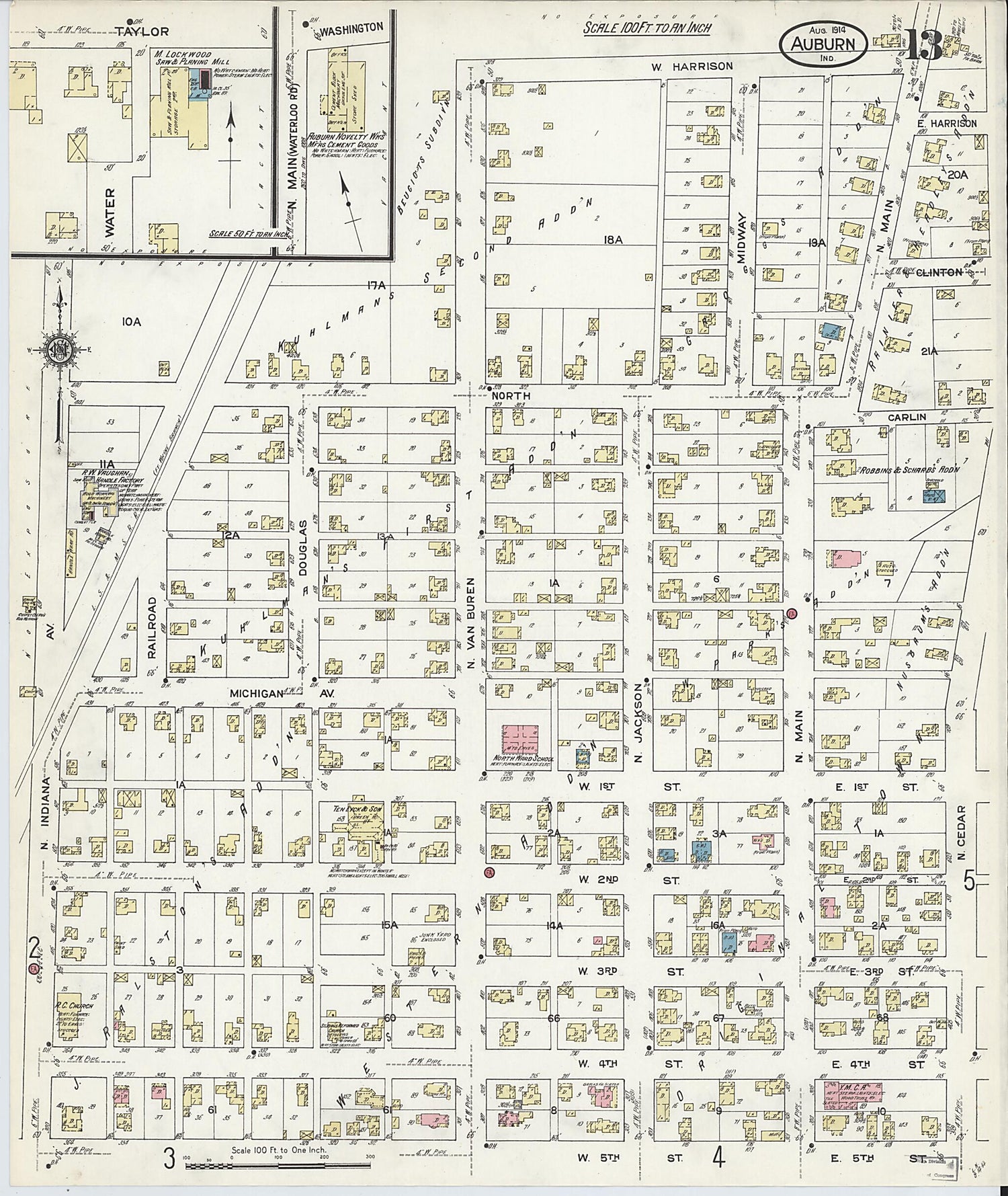 This old map of Auburn, De Kalb County, Indiana was created by Sanborn Map Company in 1914