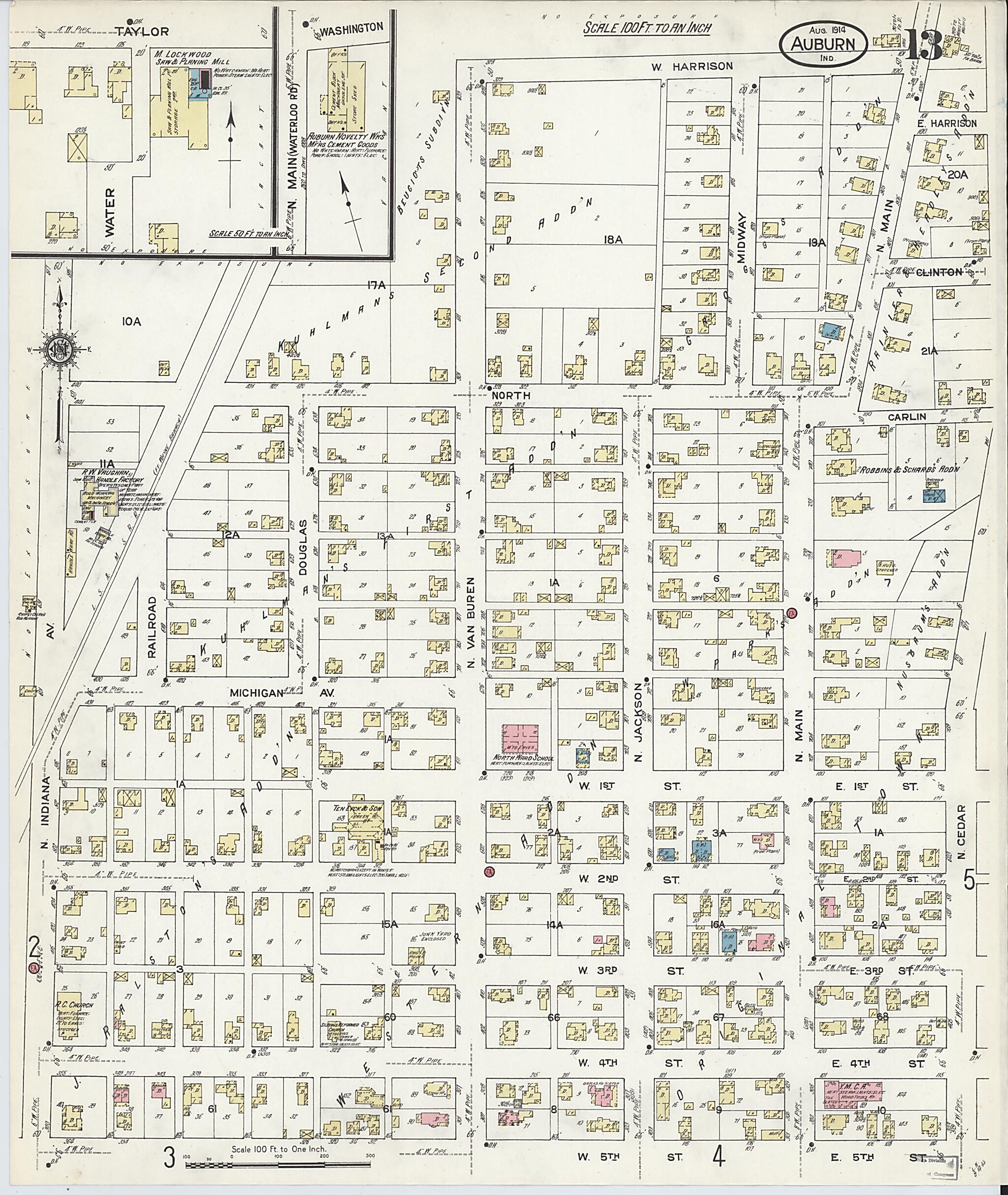 This old map of Auburn, De Kalb County, Indiana was created by Sanborn Map Company in 1914