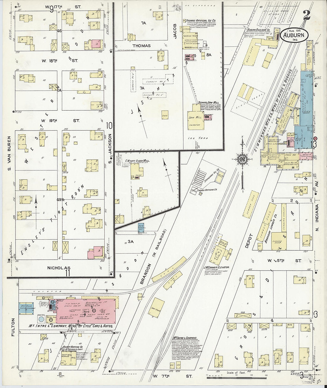 This old map of Auburn, De Kalb County, Indiana was created by Sanborn Map Company in 1914